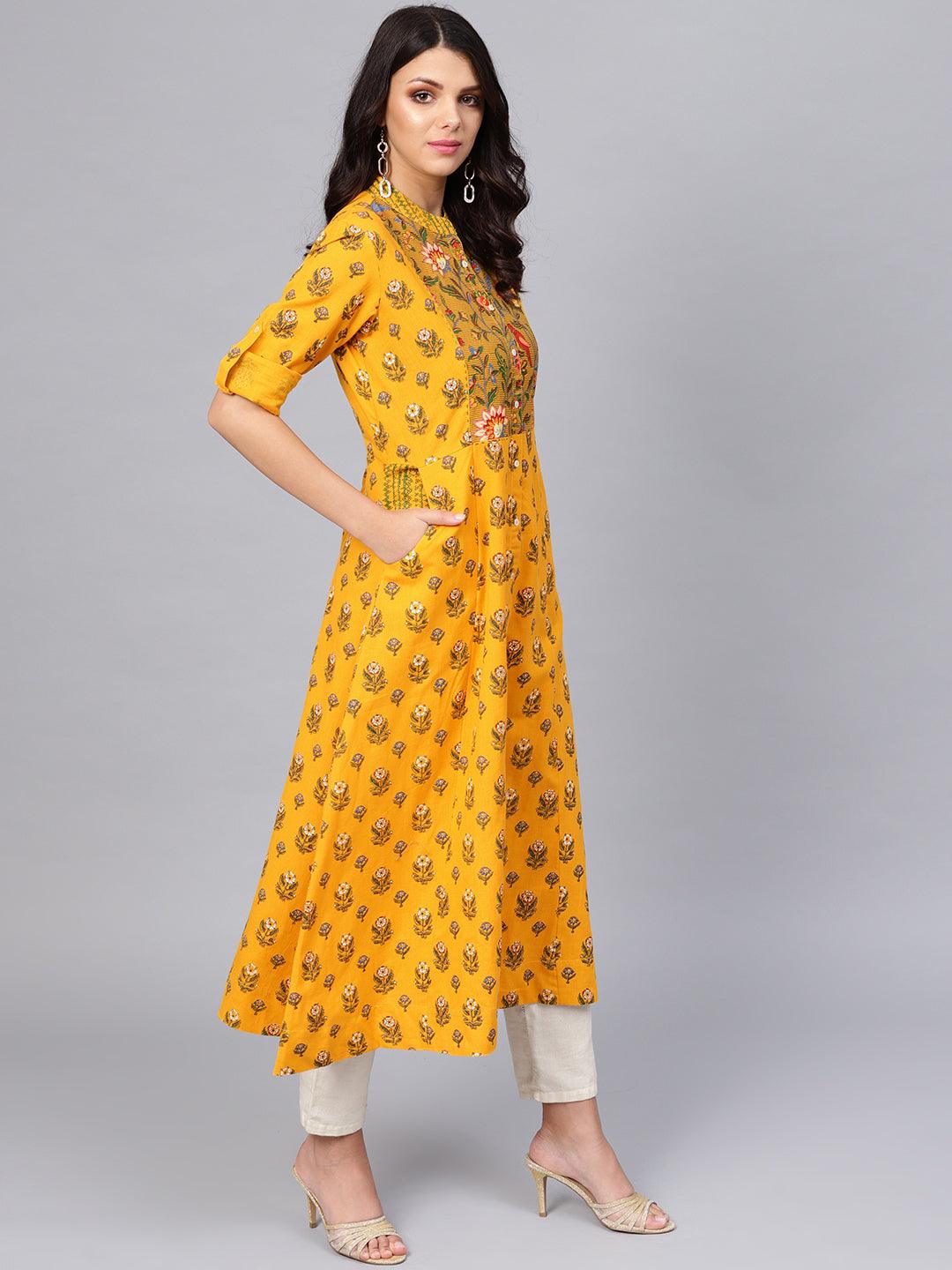 Women's Yellow Printed Long Kurta - Taantav