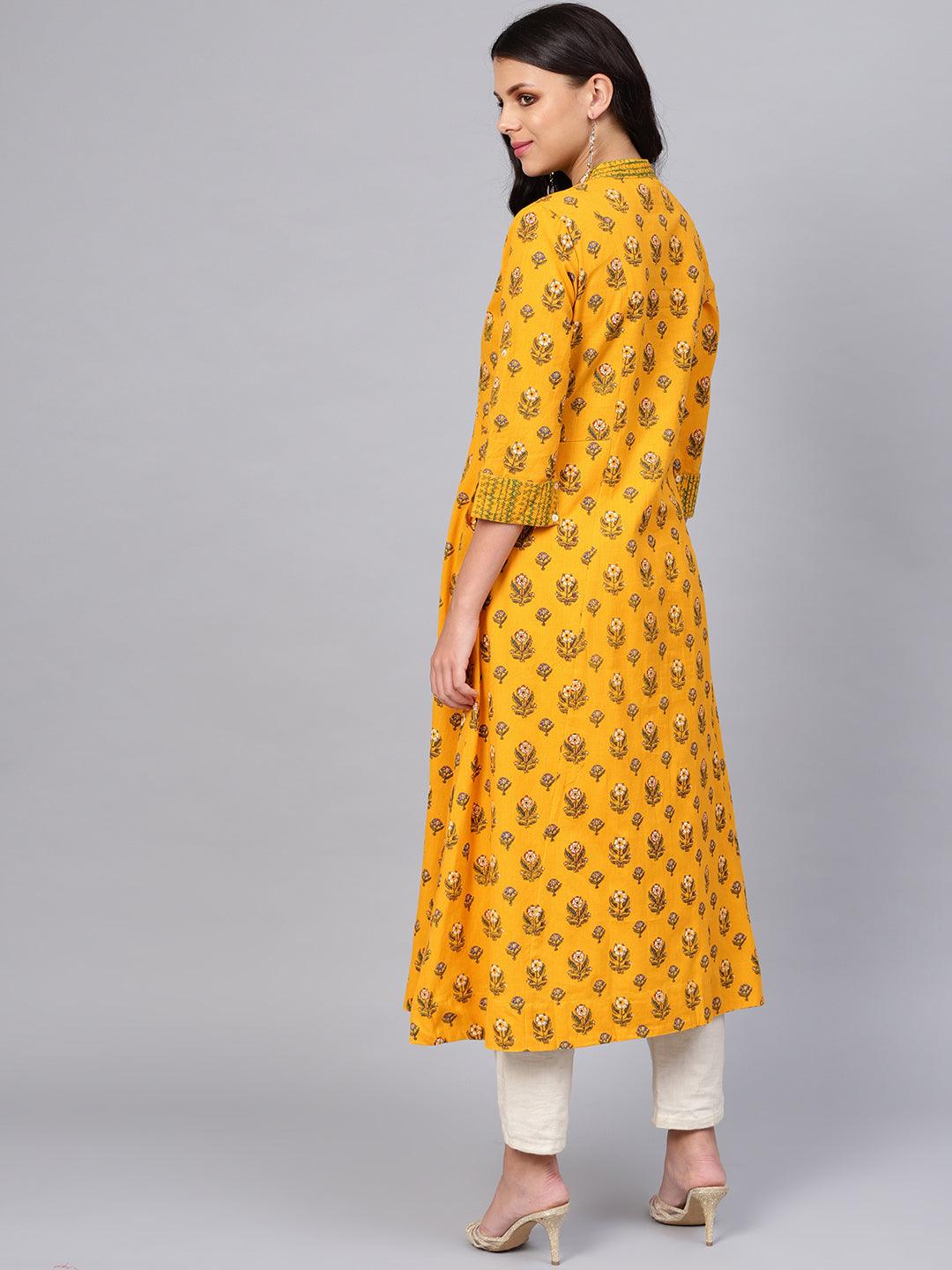 Women's Yellow Printed Long Kurta - Taantav