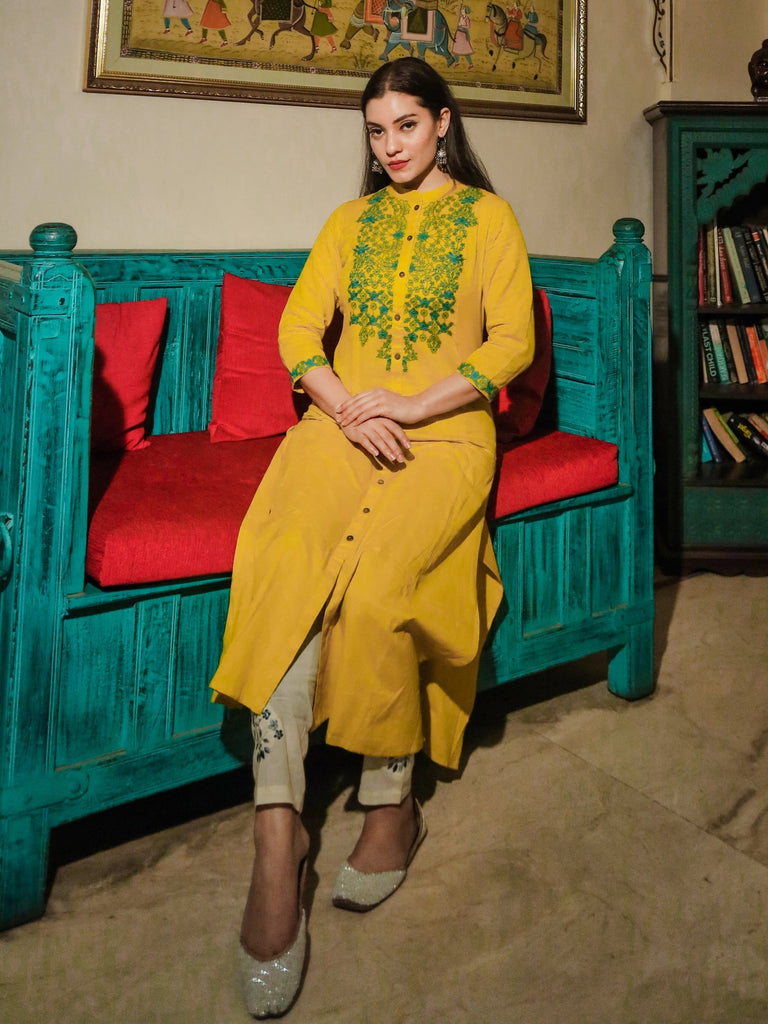 Women's Women's Yellow Regular A-Line Calf Long Kurta