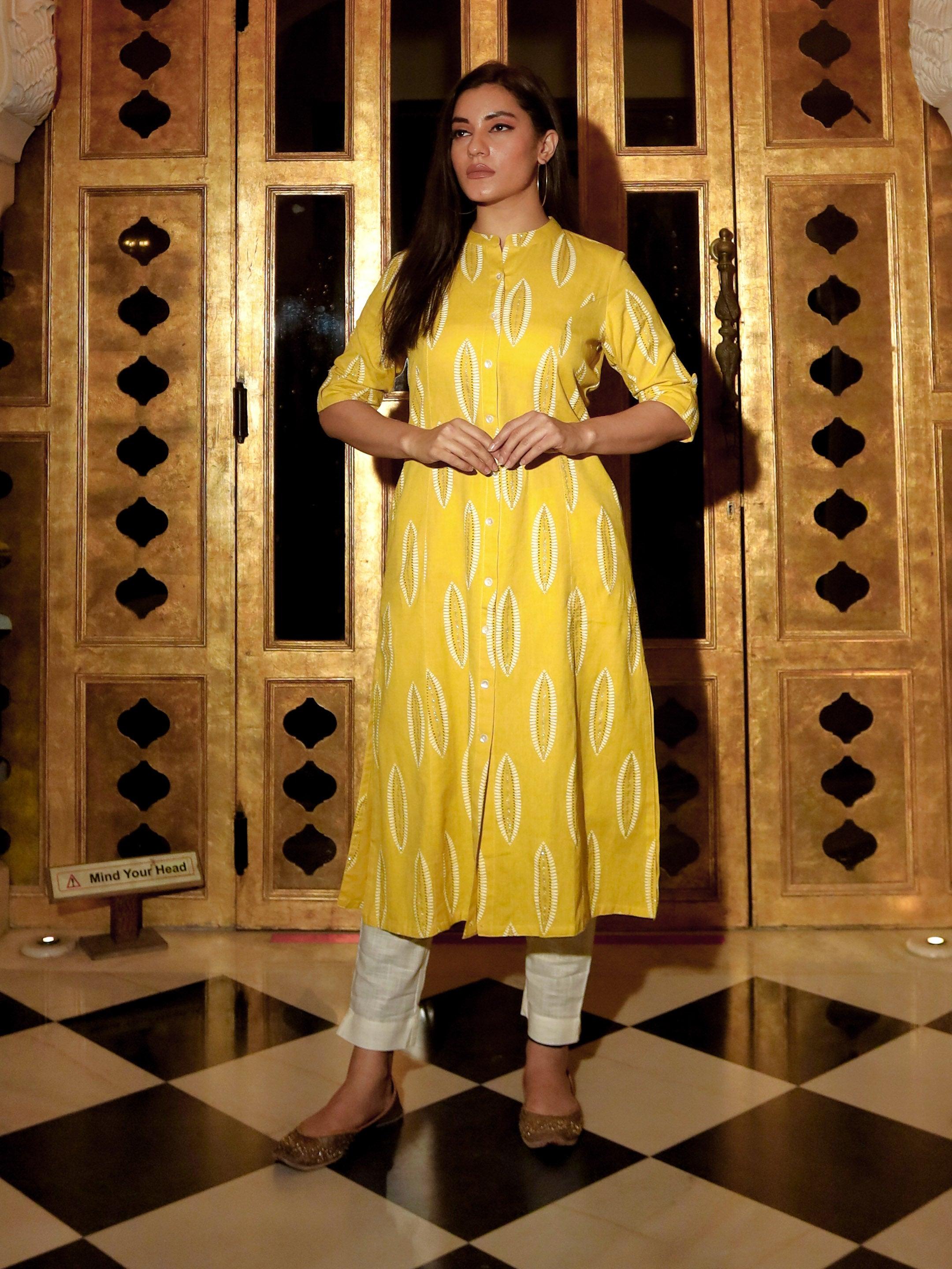 Women's Yellow Cotton A Line Kurti - Taantav