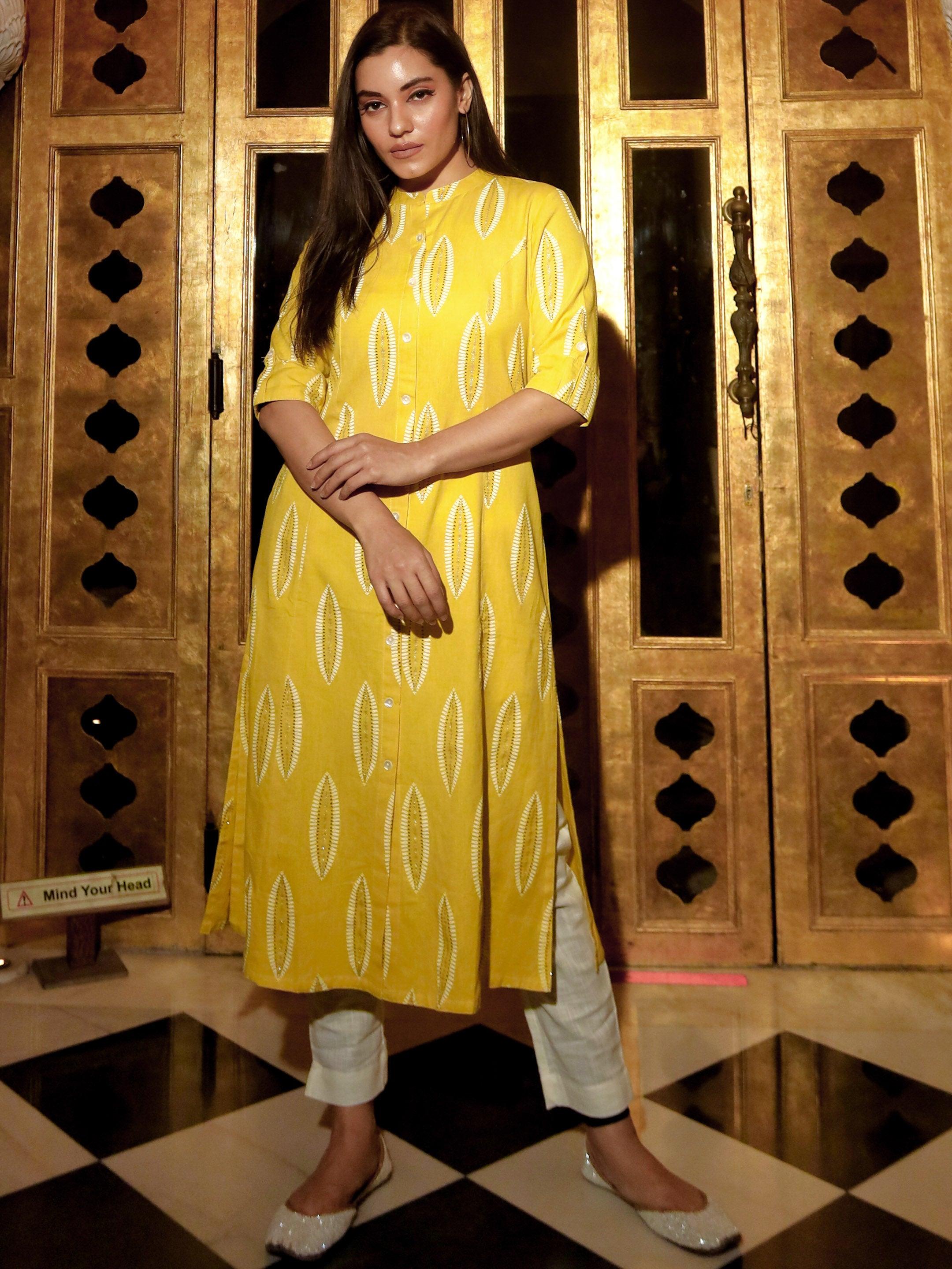 Women's Yellow Cotton A Line Kurti - Taantav