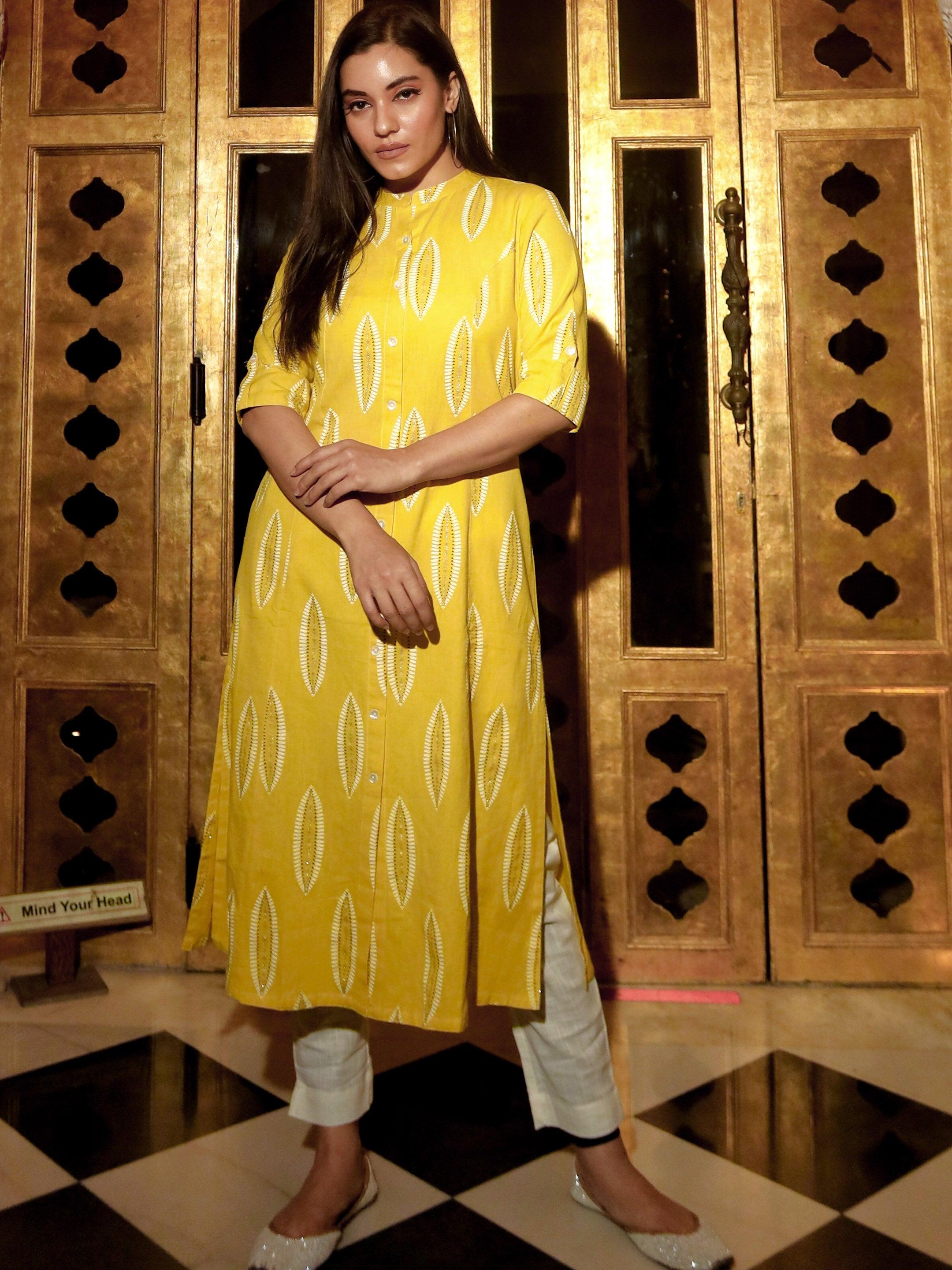 Women's Yellow Cotton A Line Kurti - Taantav