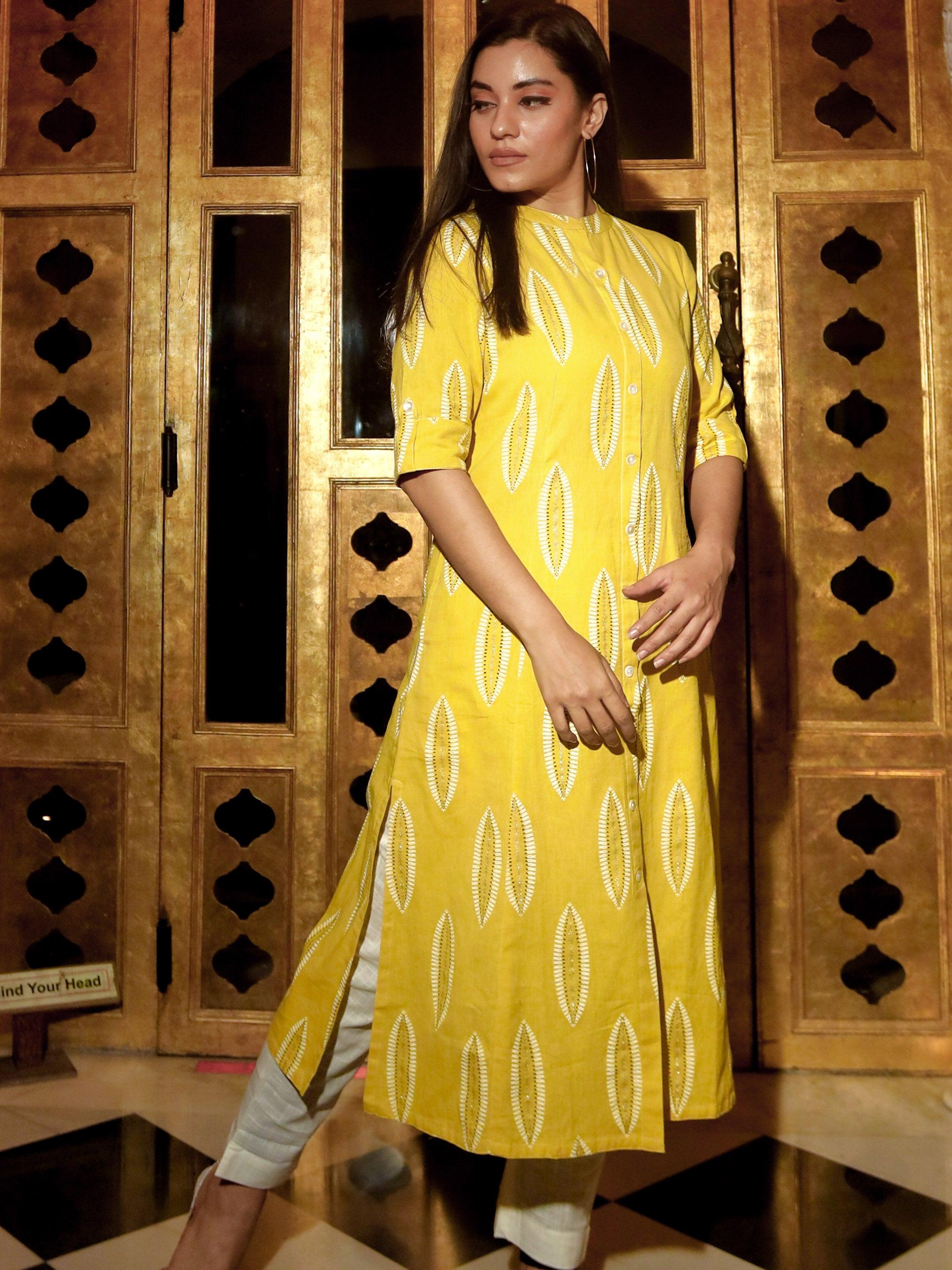 Women's Yellow Cotton A Line Kurti - Taantav