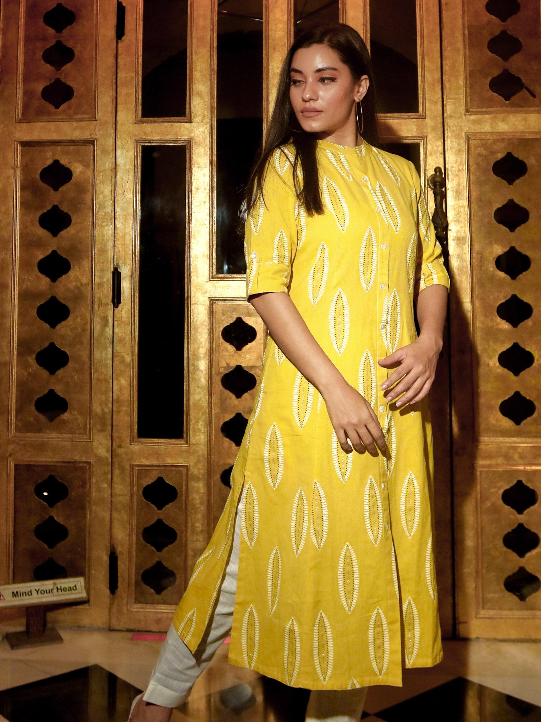 Women's Yellow Cotton A Line Kurti - Taantav