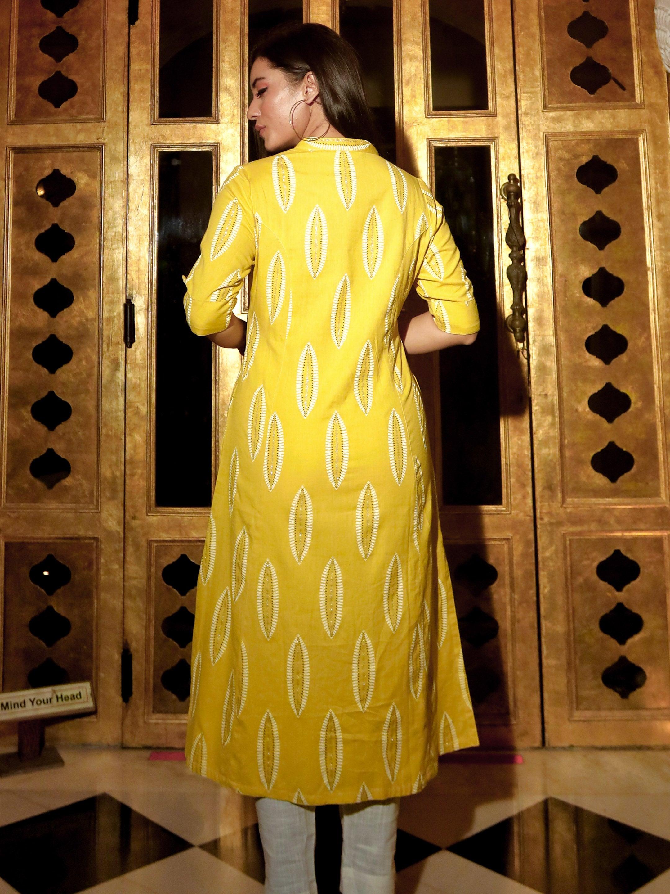 Women's Yellow Cotton A Line Kurti - Taantav