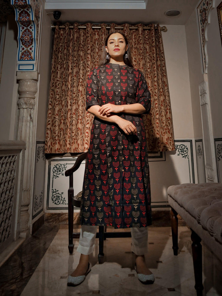 Women's Black Cotton Flex A Line Kurta