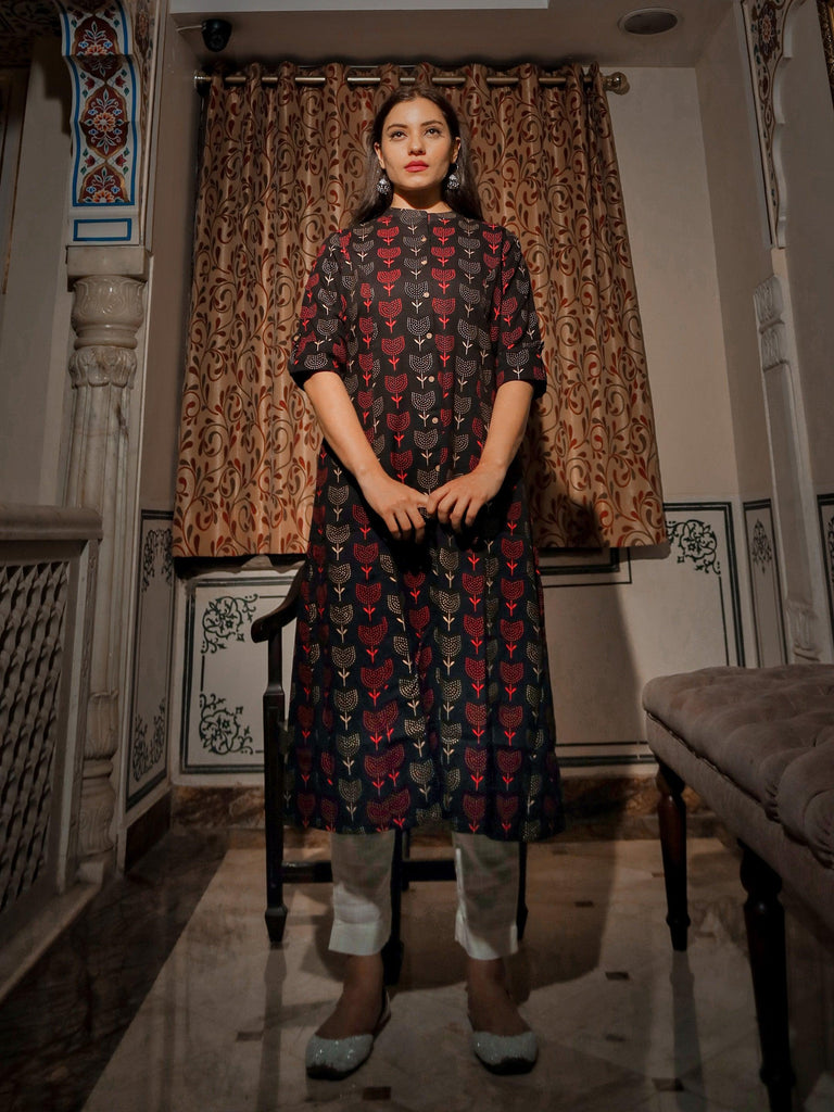 Women's Black Cotton Flex A Line Kurta