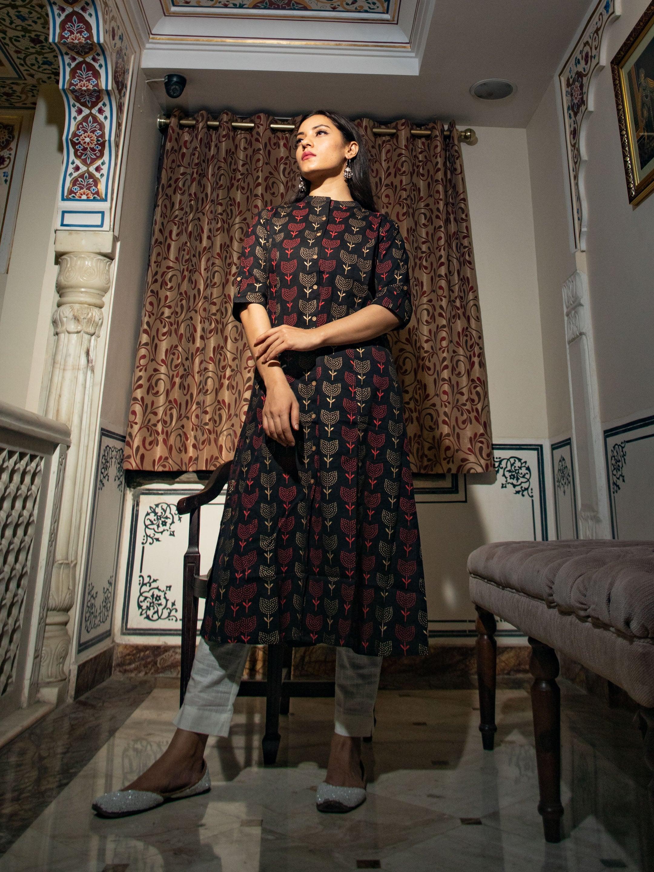 Women's Black Cotton Flex A Line Kurta - Taantav