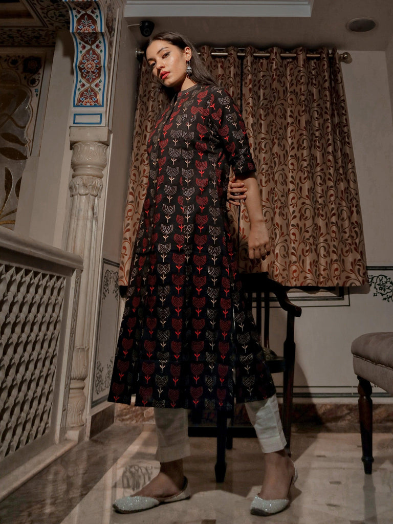 Women's Black Cotton Flex A Line Kurta