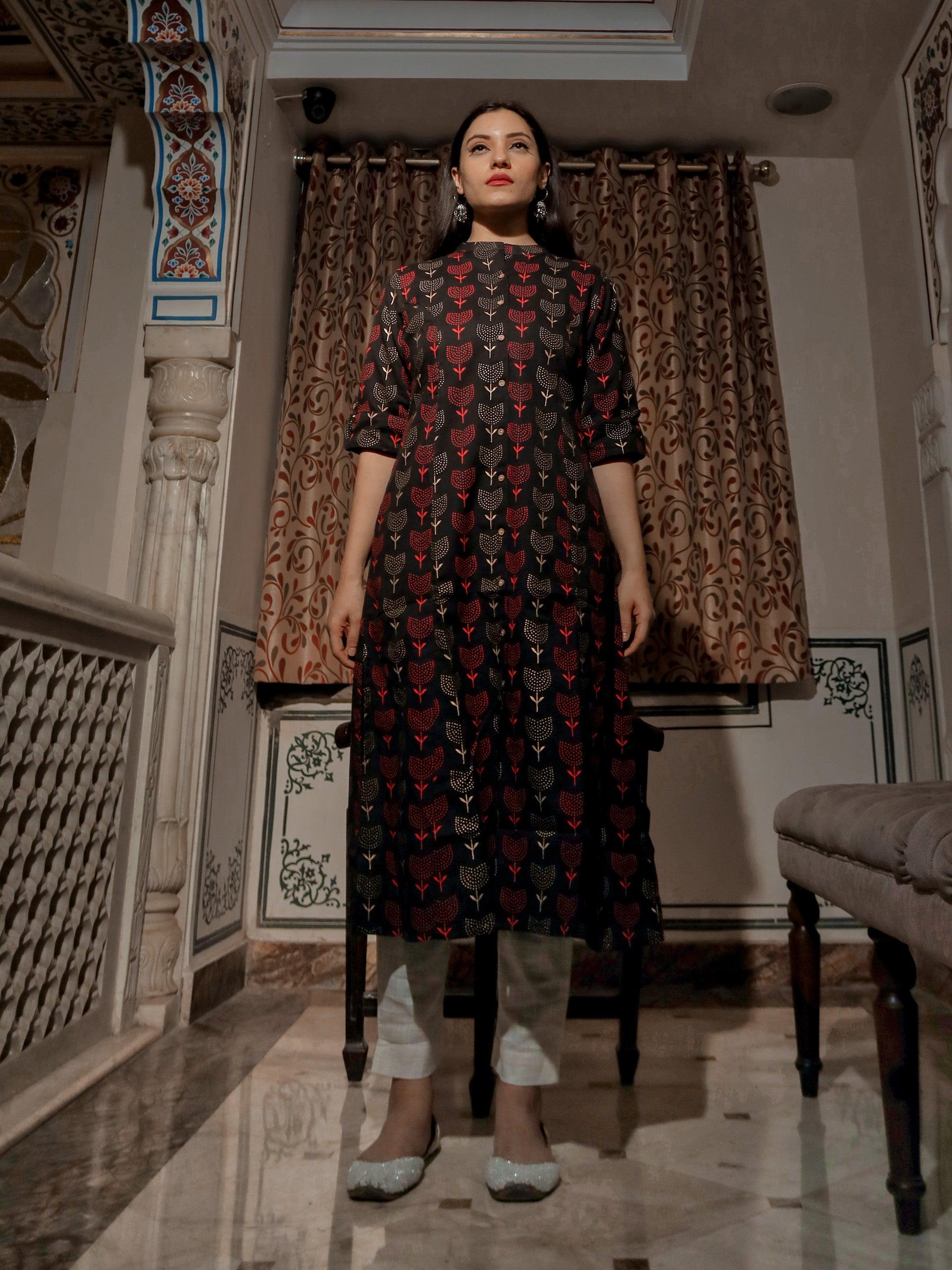 Women's Black Cotton Flex A Line Kurta - Taantav