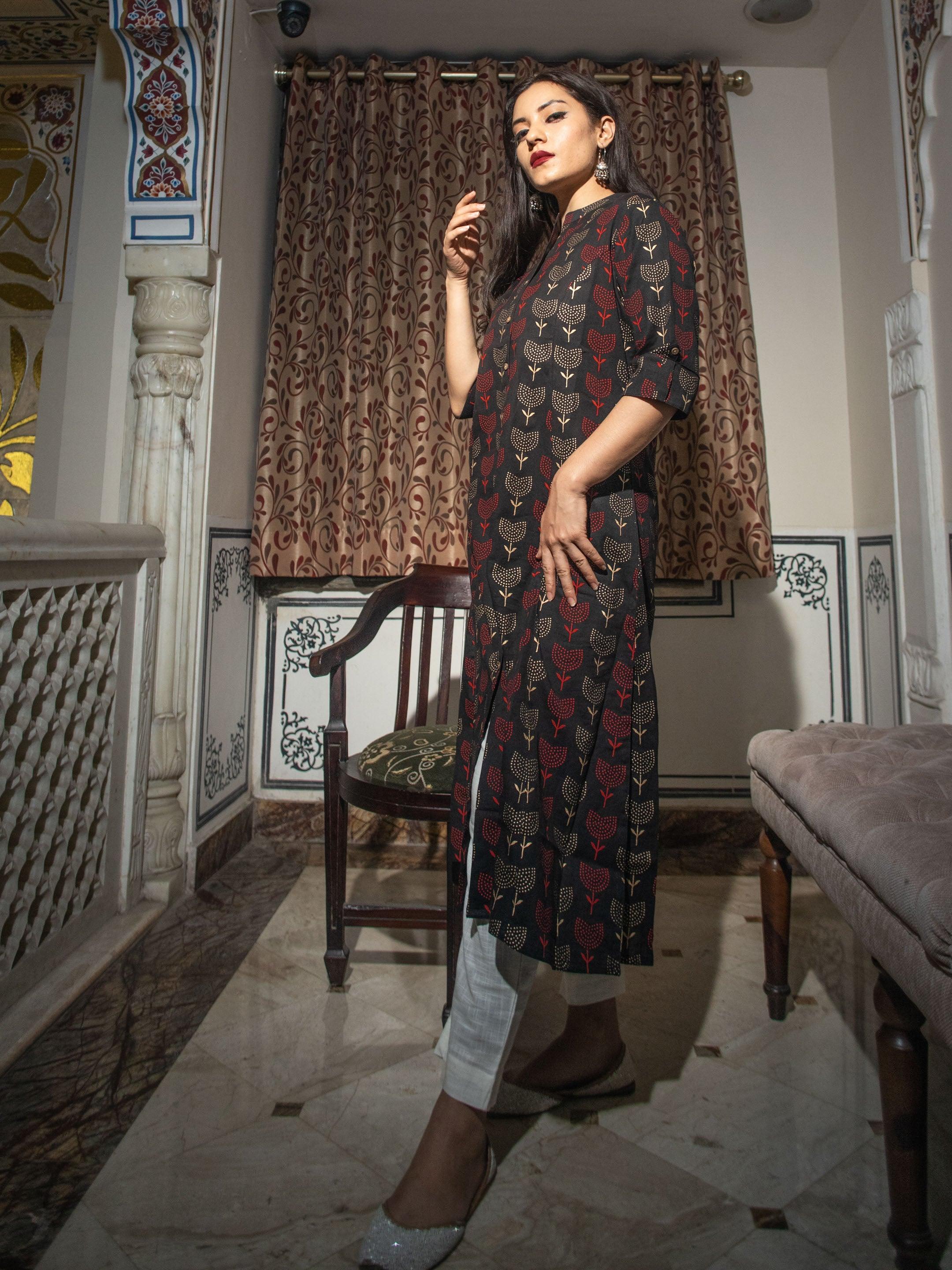 Women's Black Cotton Flex A Line Kurta - Taantav