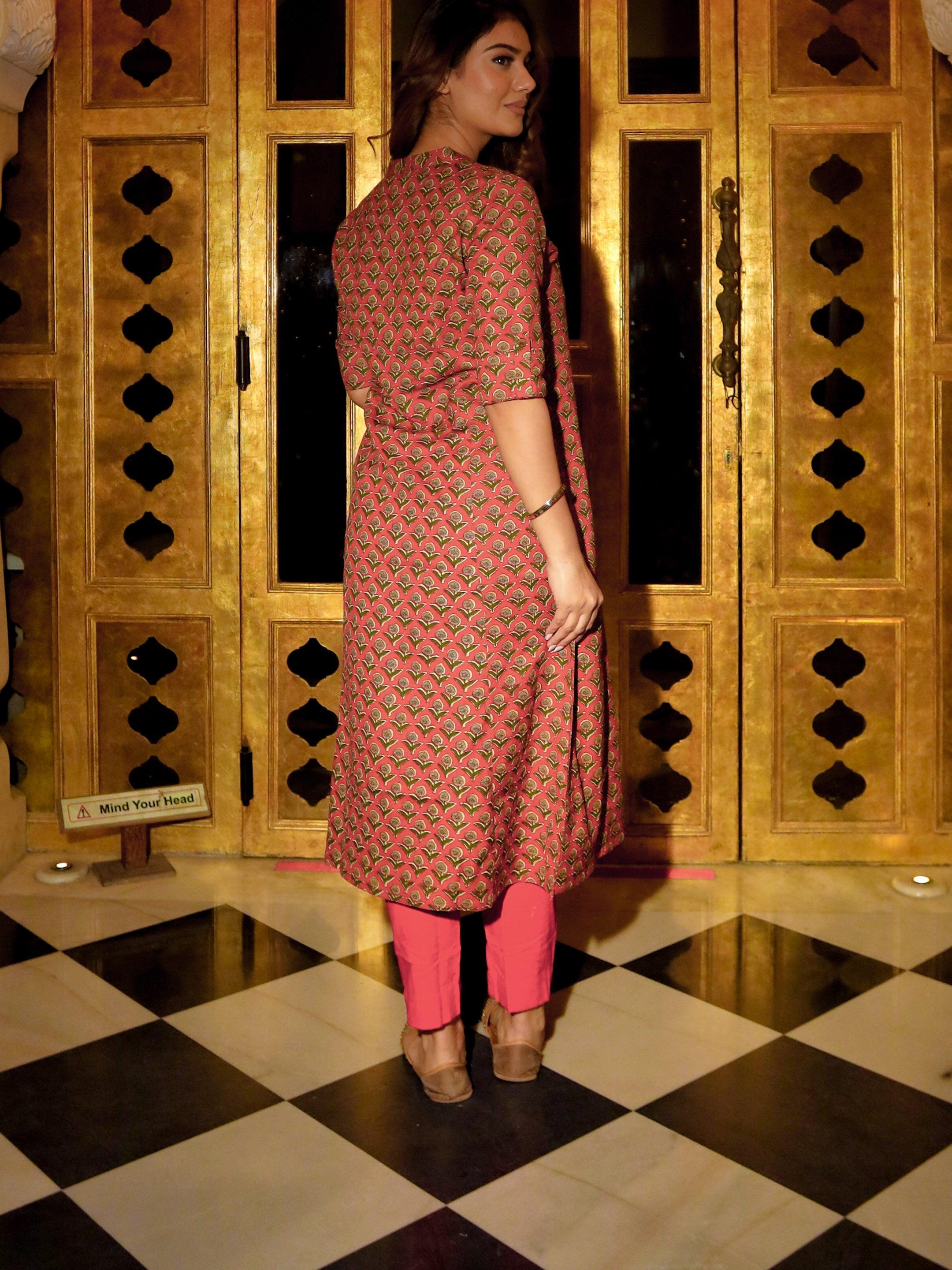 Women's Maroon Cotton Flex A-Line Kurta - Taantav