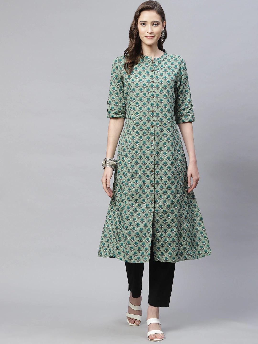 Women's Green Cotton Flex Kurta - Taantav