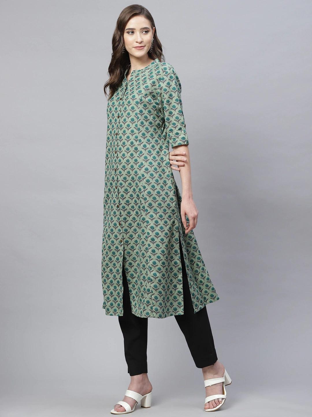 Women's Green Cotton Flex Kurta - Taantav