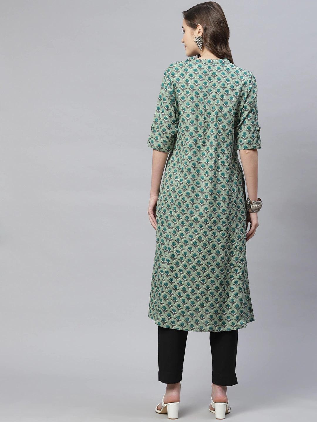 Women's Green Cotton Flex Kurta - Taantav