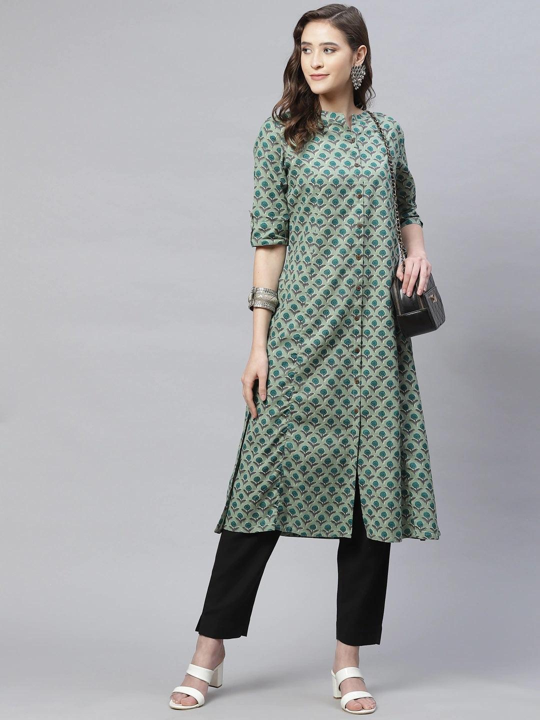 Women's Green Cotton Flex Kurta - Taantav