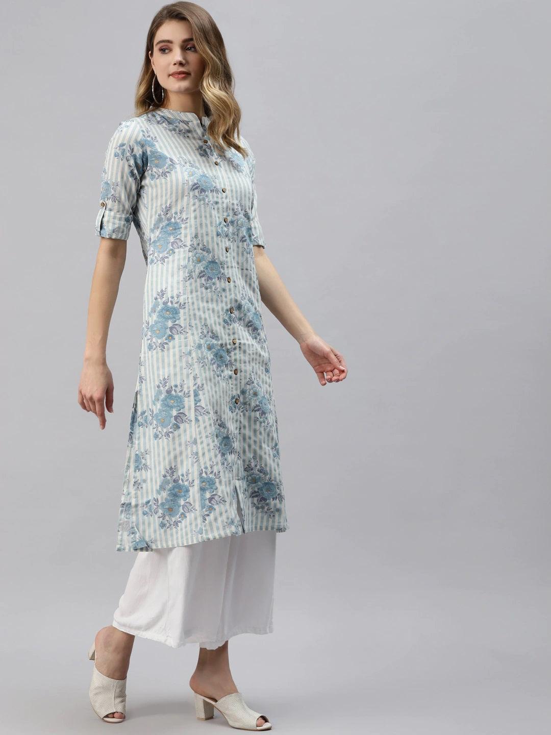 Women's Off White And Blue Floral Printed Cotton A-Line Kurta - Taantav