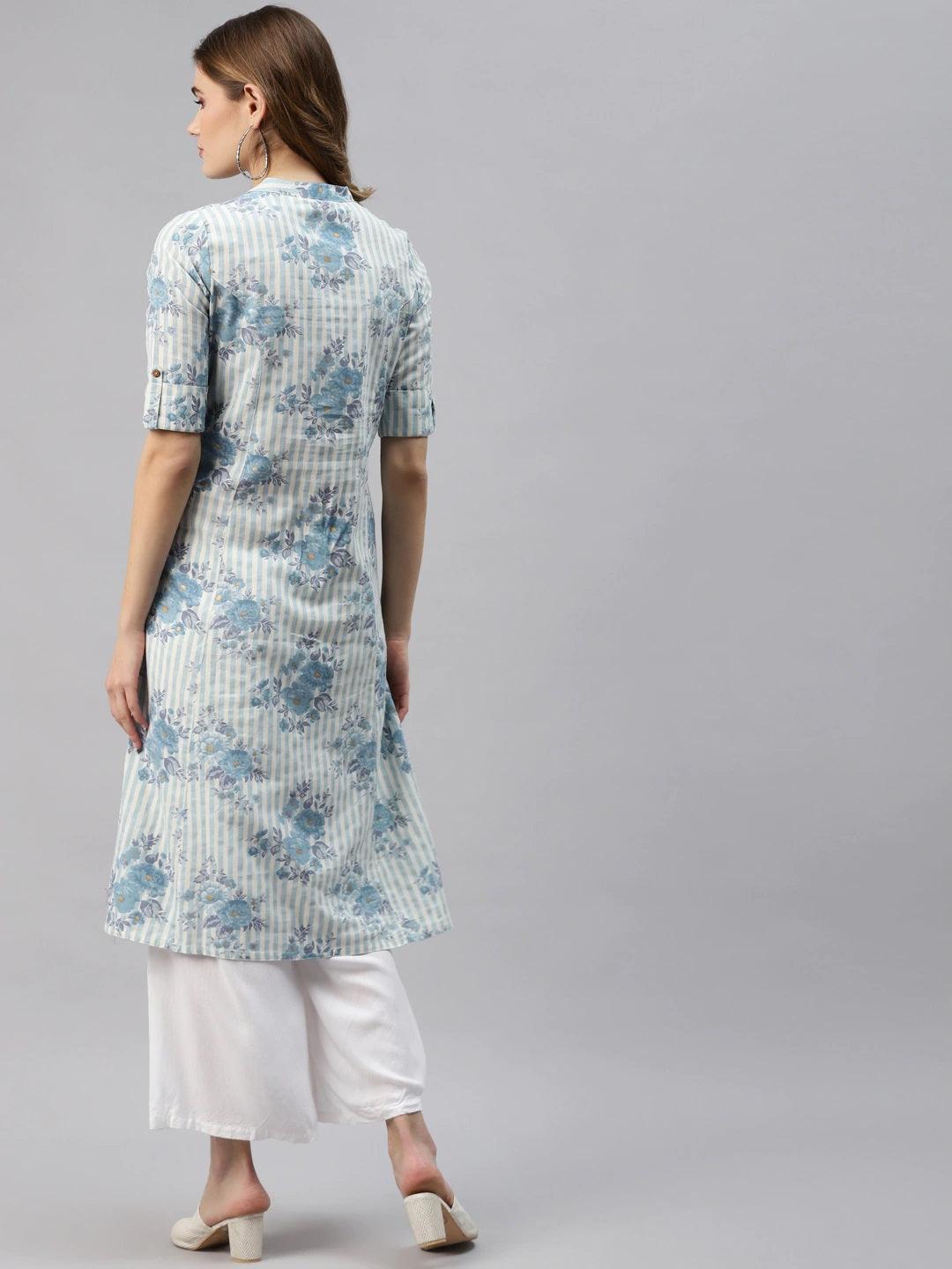 Women's Off White And Blue Floral Printed Cotton A-Line Kurta - Taantav