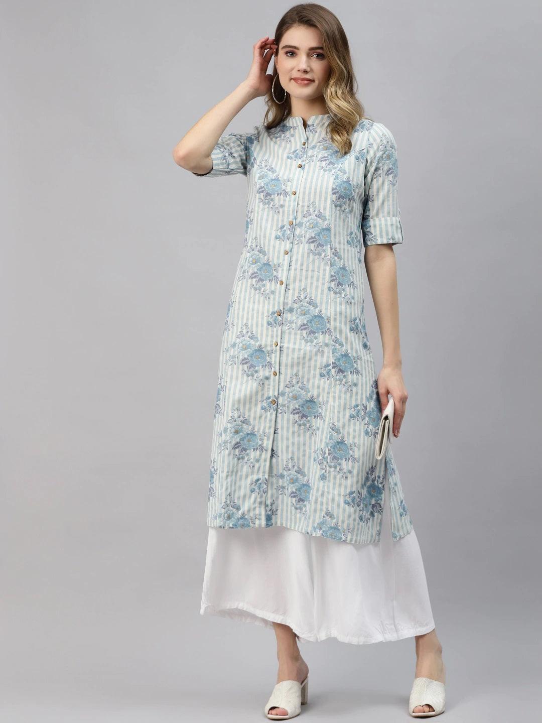 Women's Off White And Blue Floral Printed Cotton A-Line Kurta - Taantav