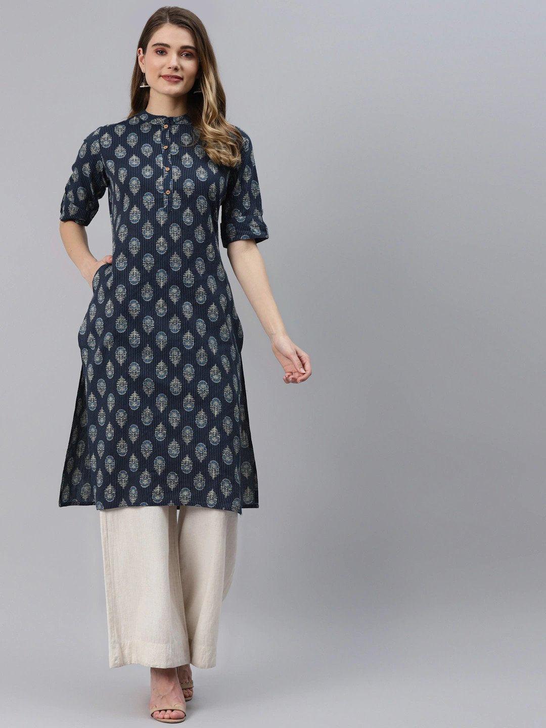 Women's Indigo Blue Cotton Straight Kurta - Taantav