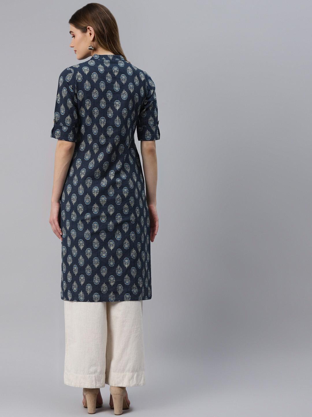 Women's Indigo Blue Cotton Straight Kurta - Taantav