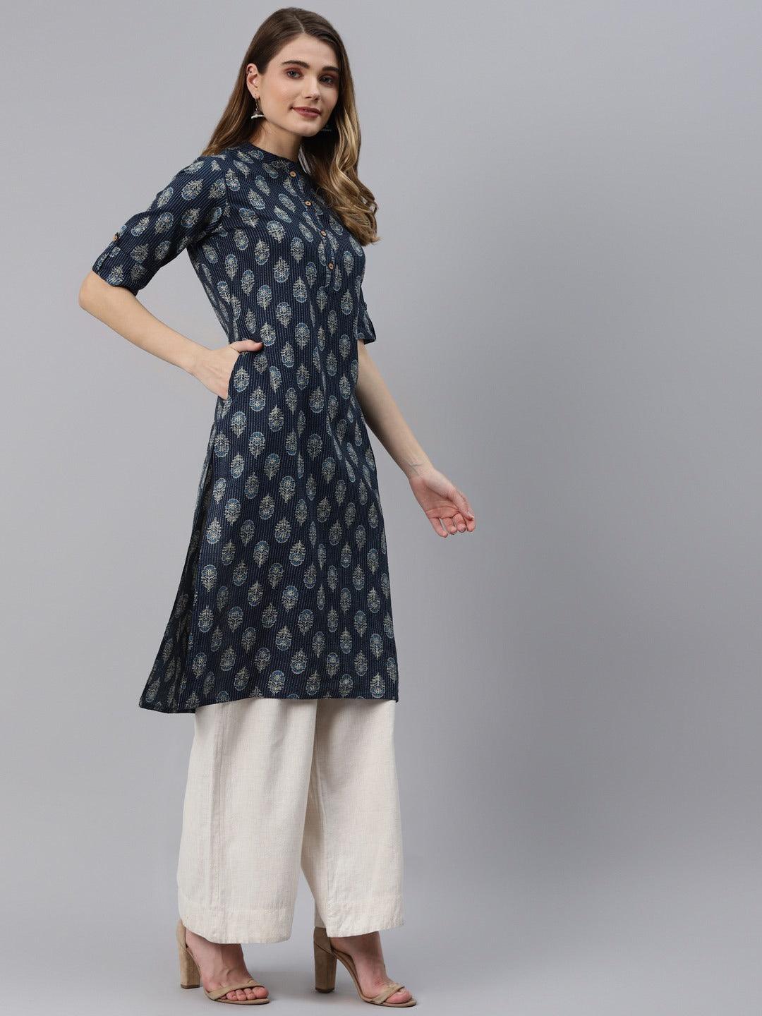 Women's Indigo Blue Cotton Straight Kurta - Taantav