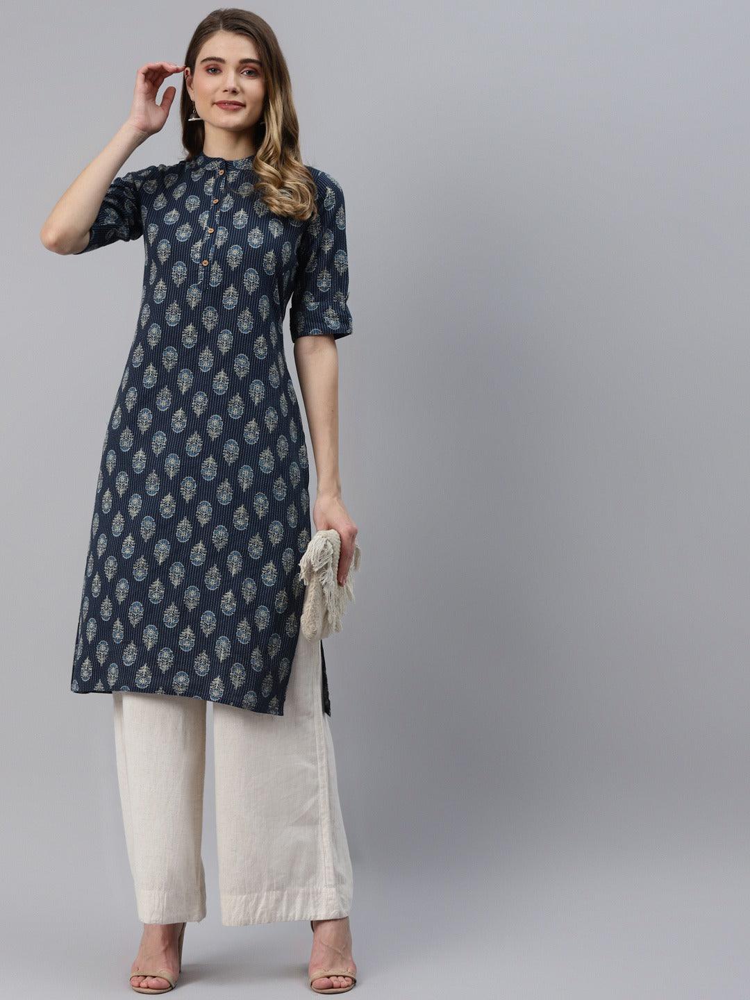 Women's Indigo Blue Cotton Straight Kurta - Taantav