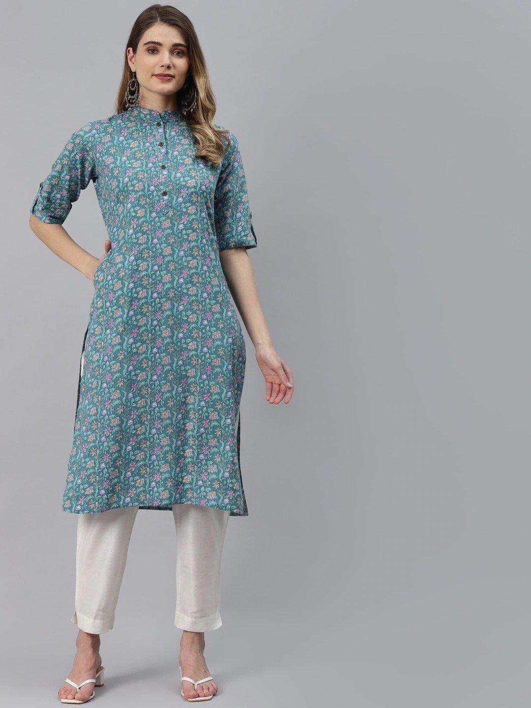 Women's Sea Green Cotton Straight Kurta - Taantav