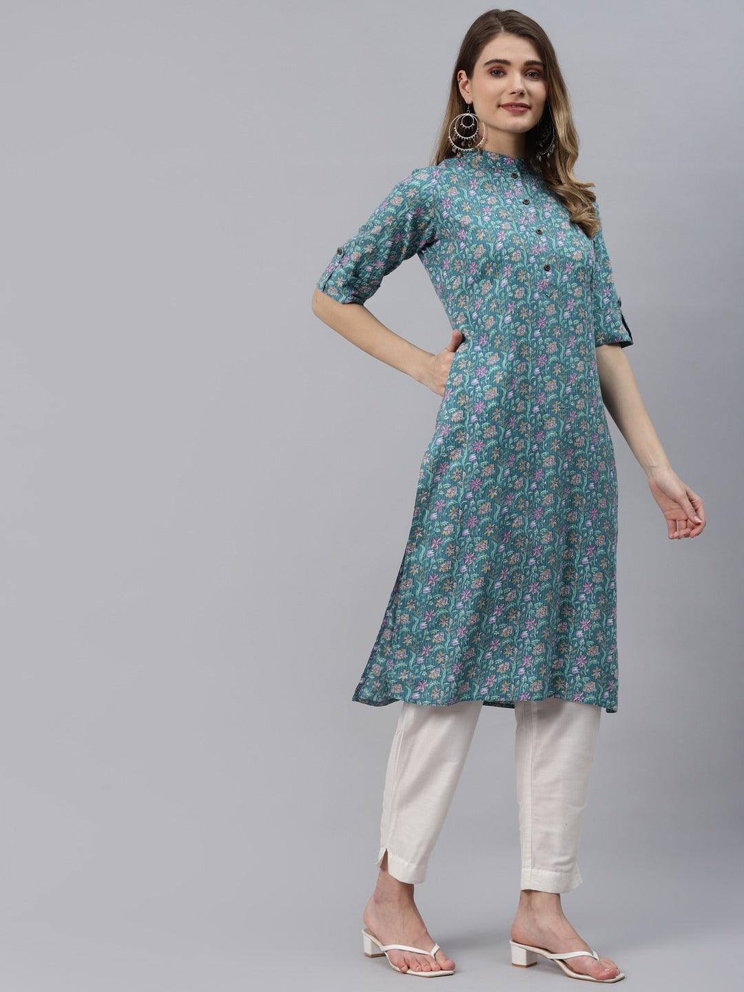 Women's Sea Green Cotton Straight Kurta - Taantav