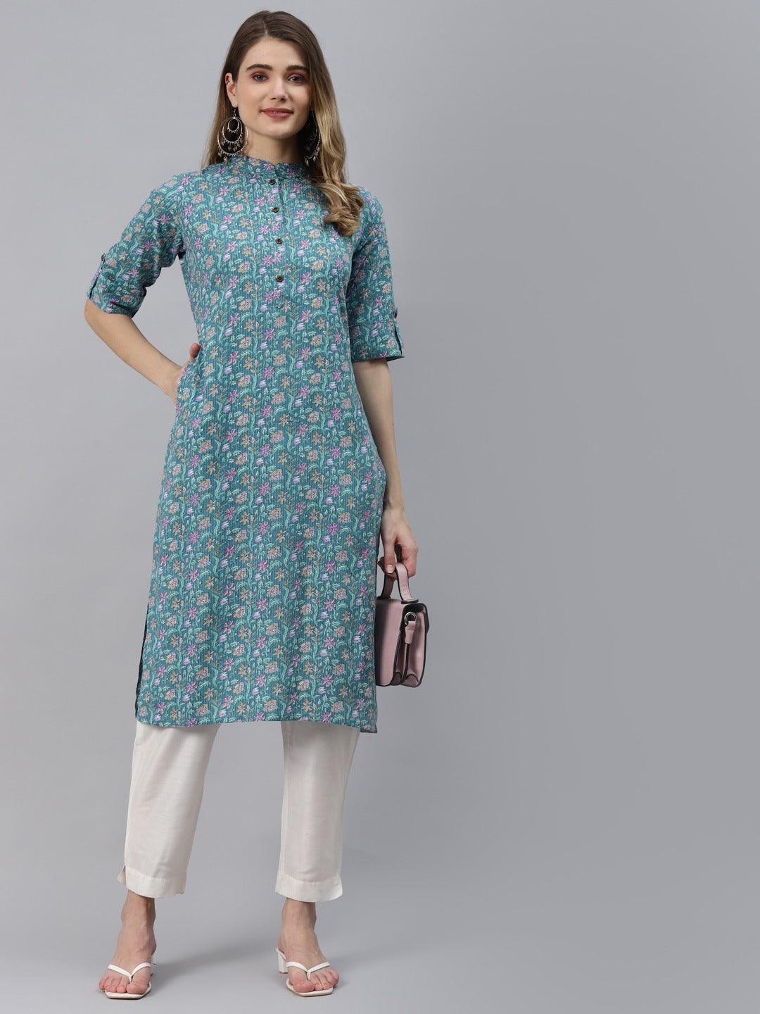 Women's Sea Green Cotton Straight Kurta - Taantav