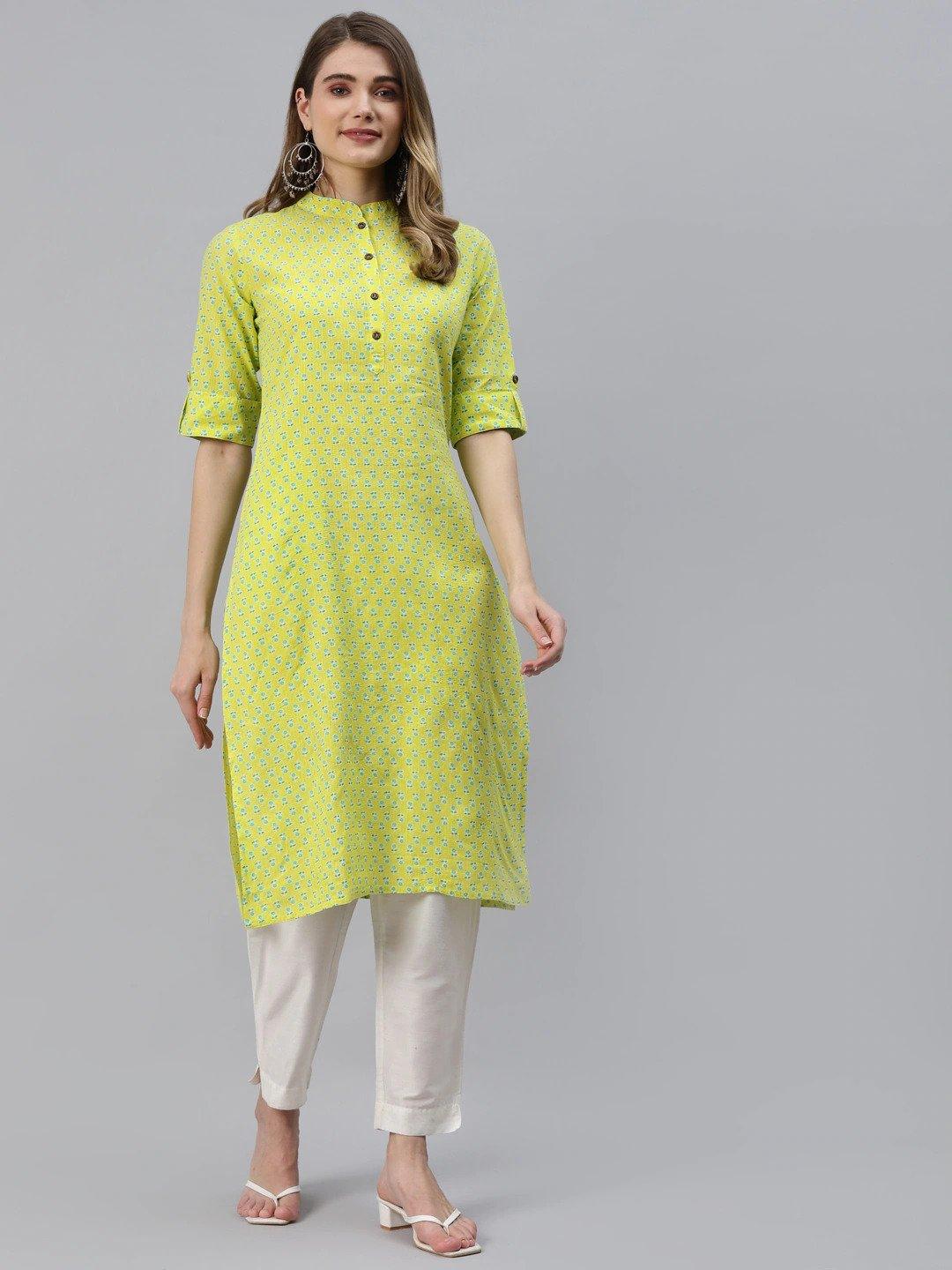 Women's Yellow And Green Cotton Straight Kurta - Taantav