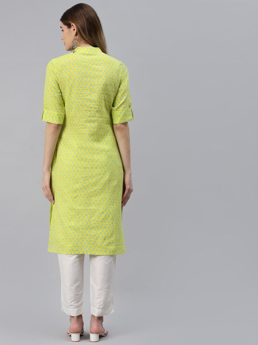 Women's Yellow And Green Cotton Straight Kurta - Taantav