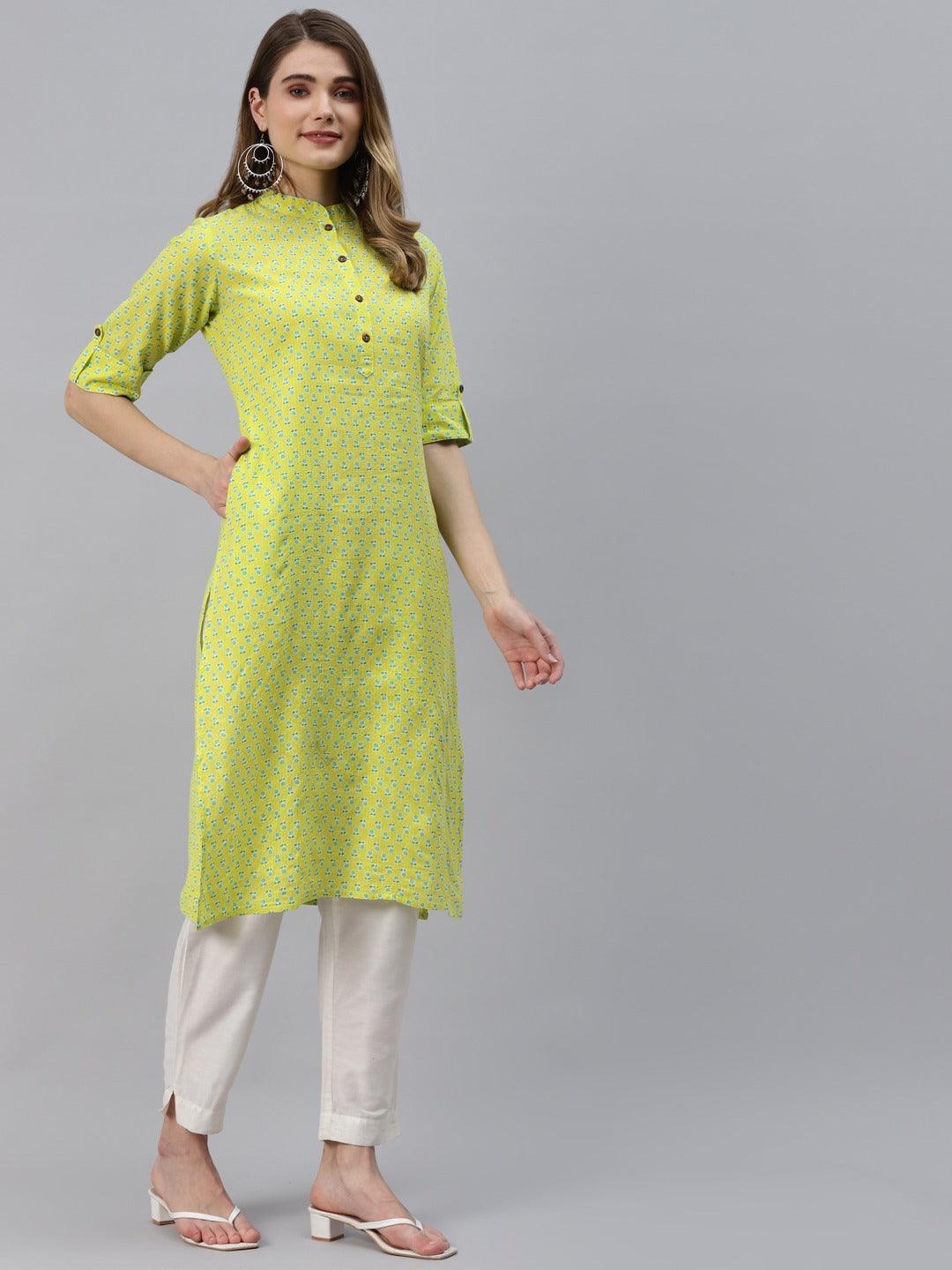 Women's Yellow And Green Cotton Straight Kurta - Taantav