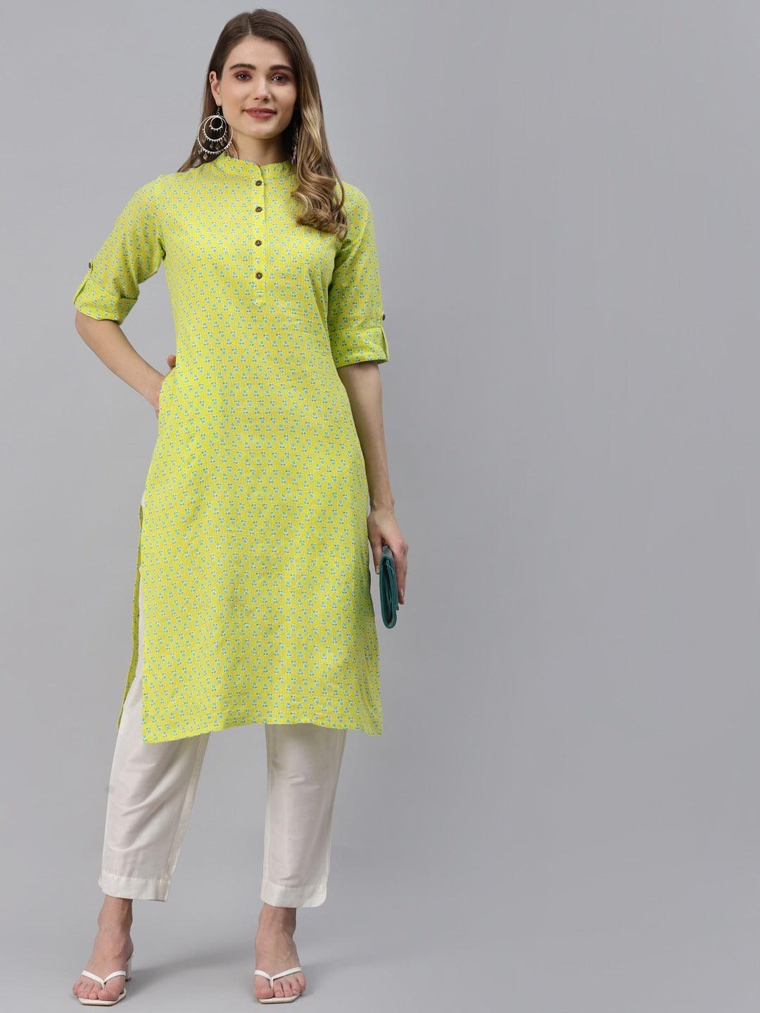 Women's Yellow And Green Cotton Straight Kurta - Taantav