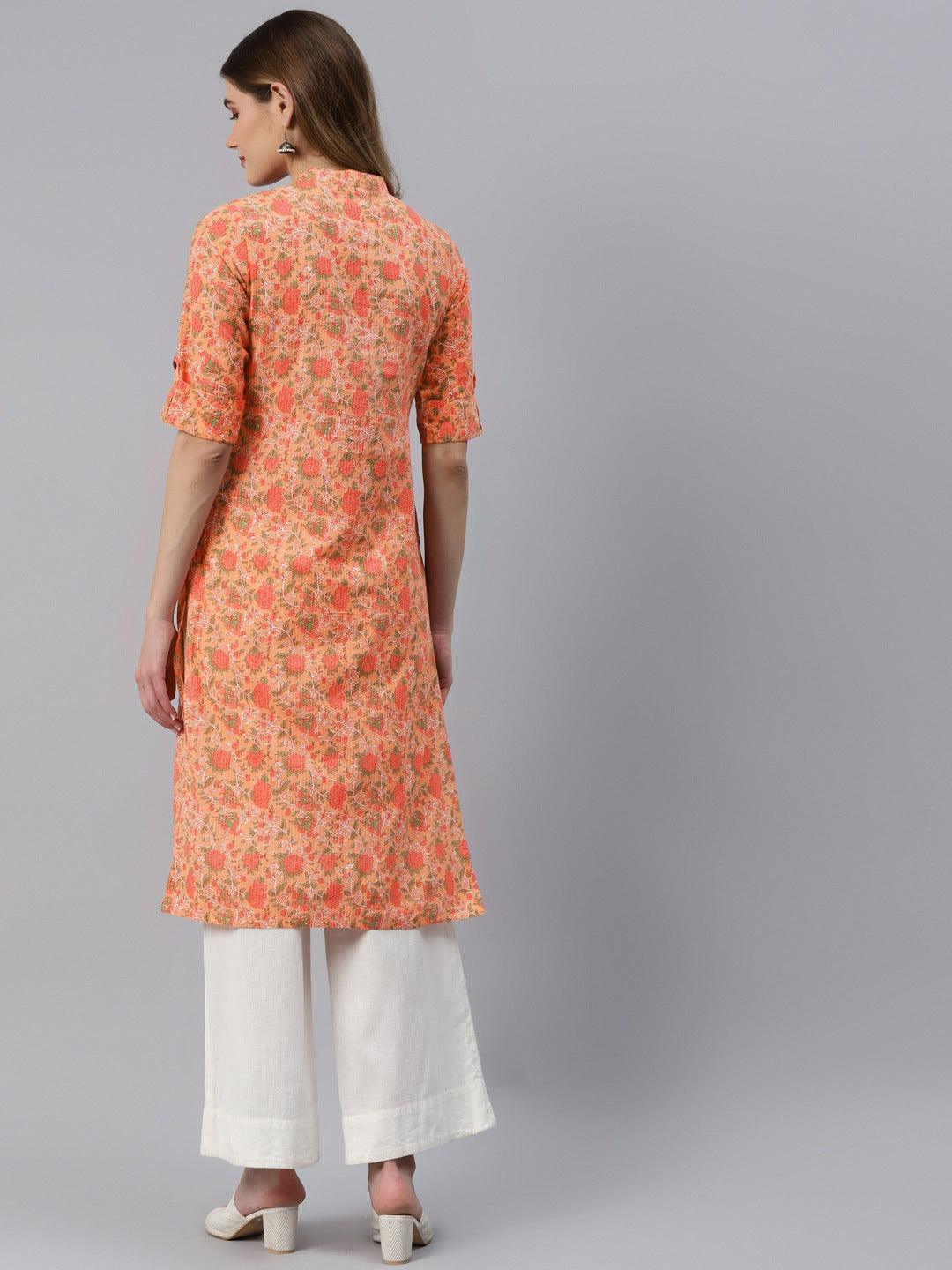 Women's Peach Cotton Straight Kurta - Taantav