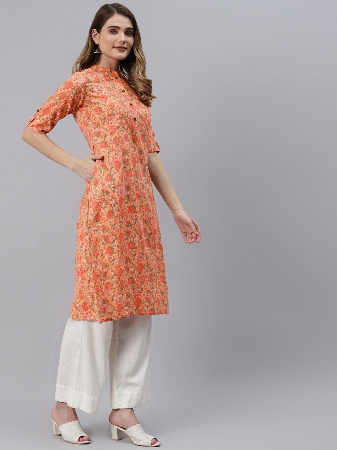 Women's Peach Cotton Straight Kurta - Taantav