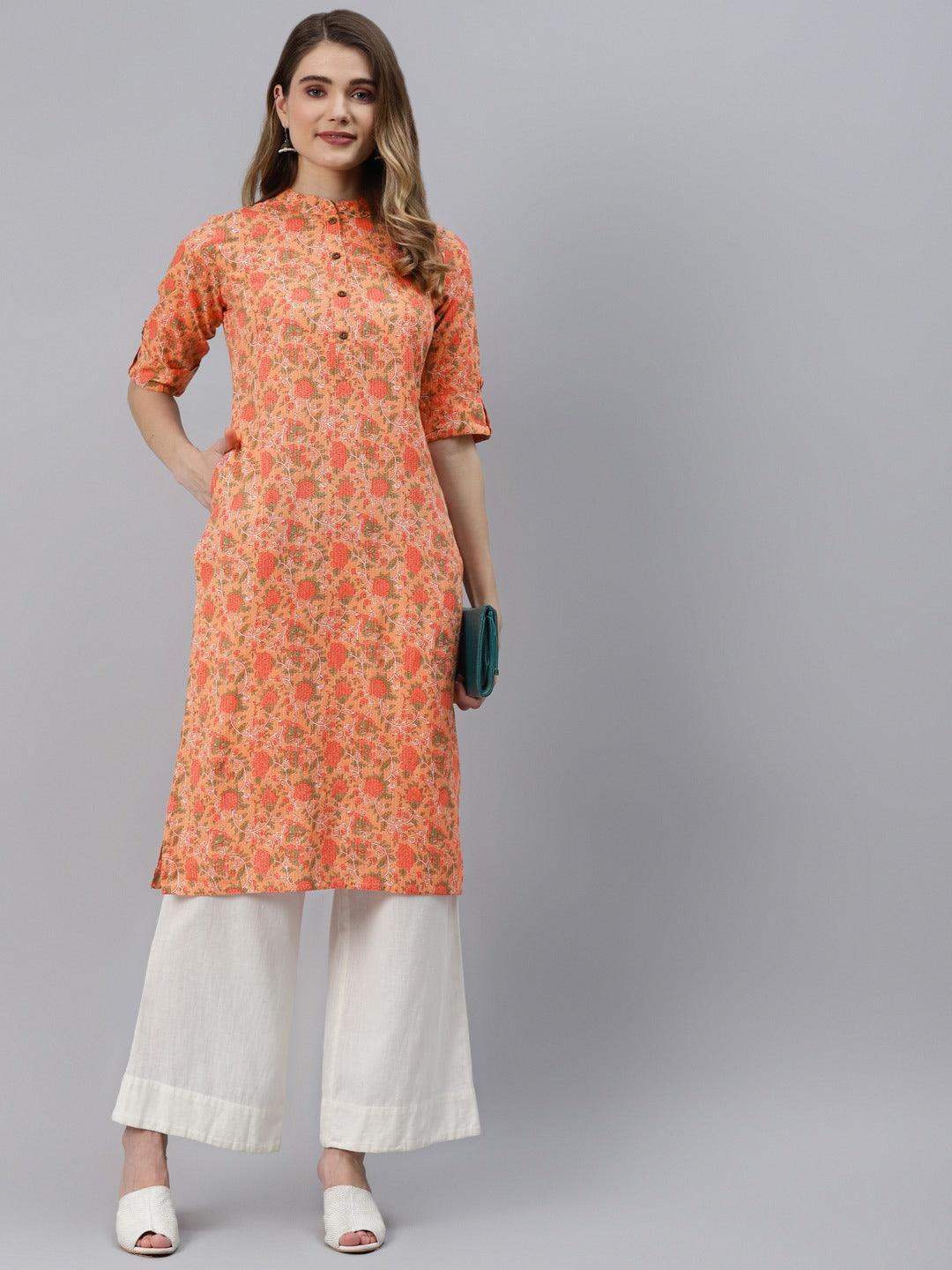 Women's Peach Cotton Straight Kurta - Taantav