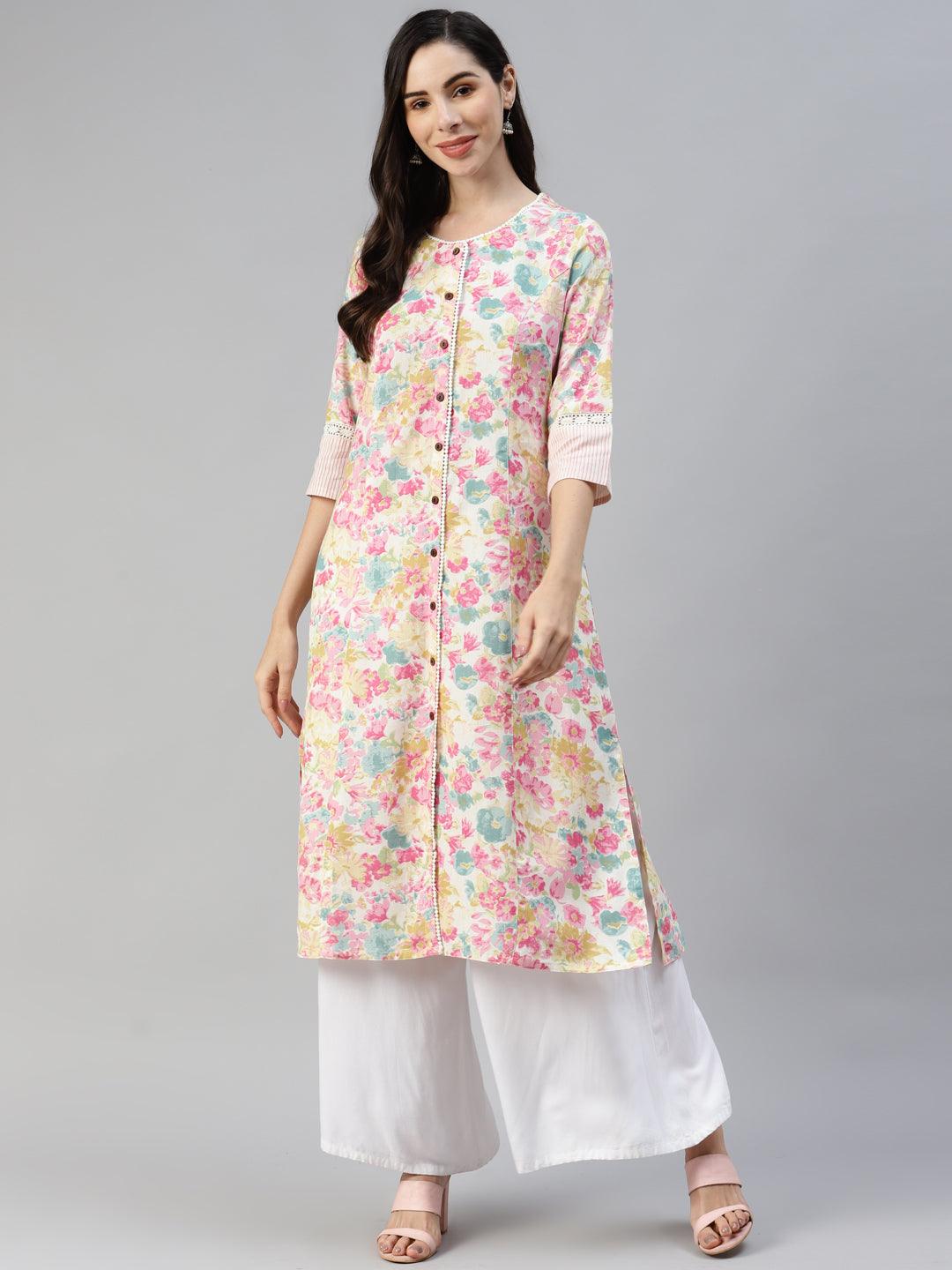 Women's Multi Floral Printed Cotton Flex A-line Kurta - Taantav