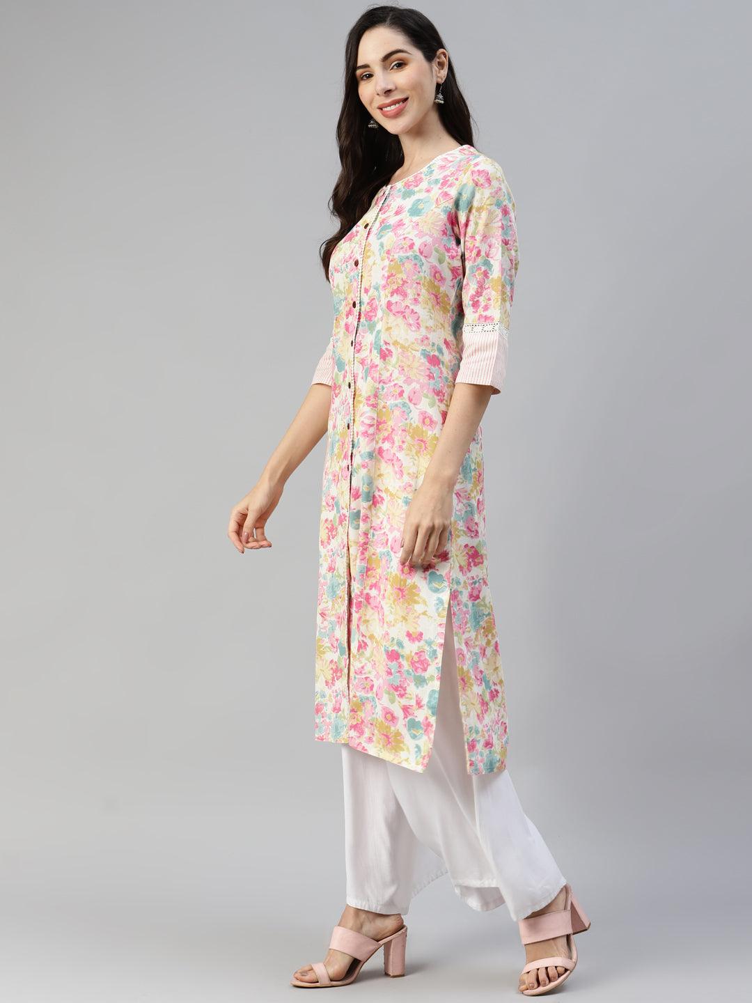 Women's Multi Floral Printed Cotton Flex A-line Kurta - Taantav