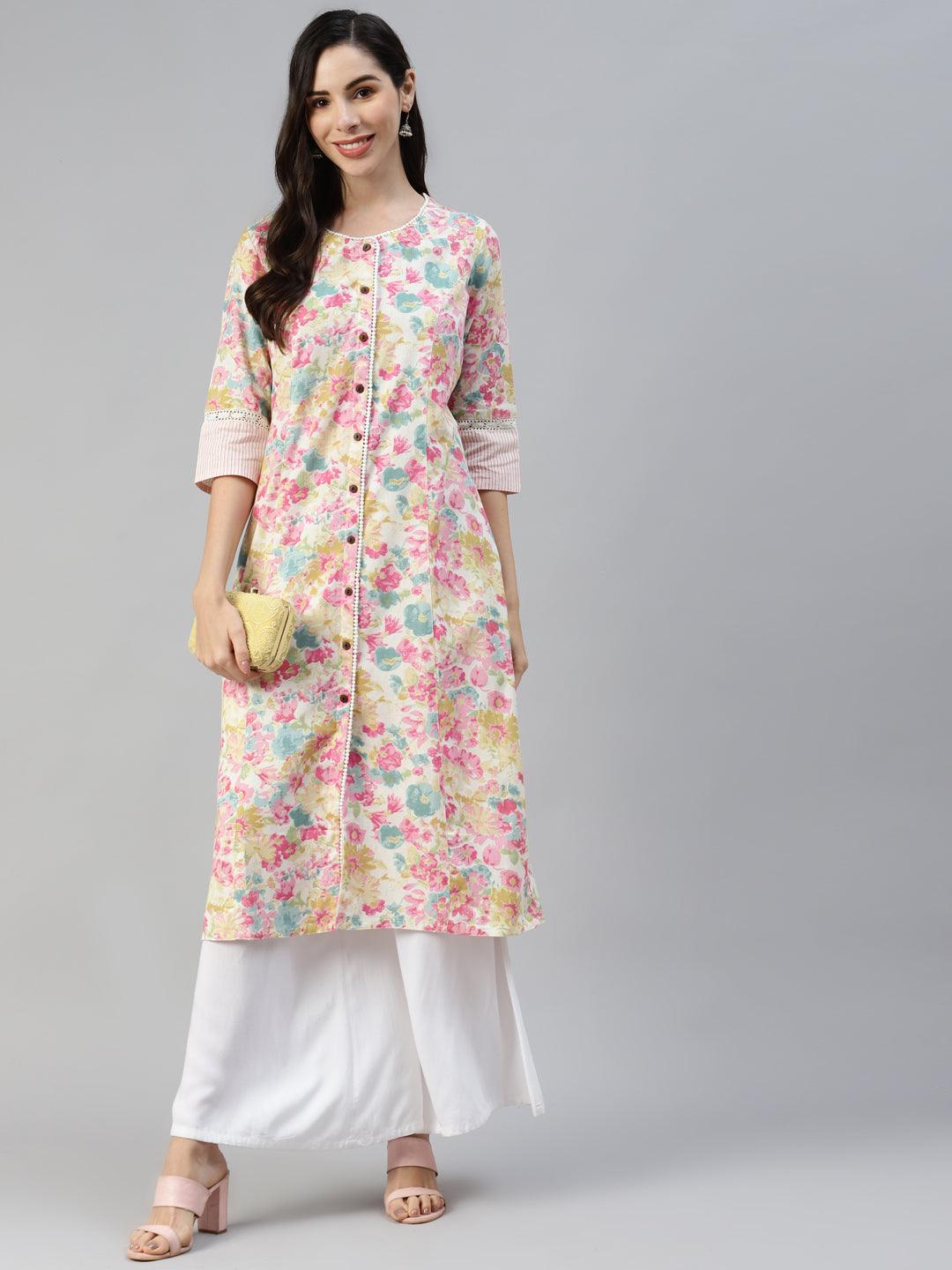 Women's Multi Floral Printed Cotton Flex A-line Kurta - Taantav