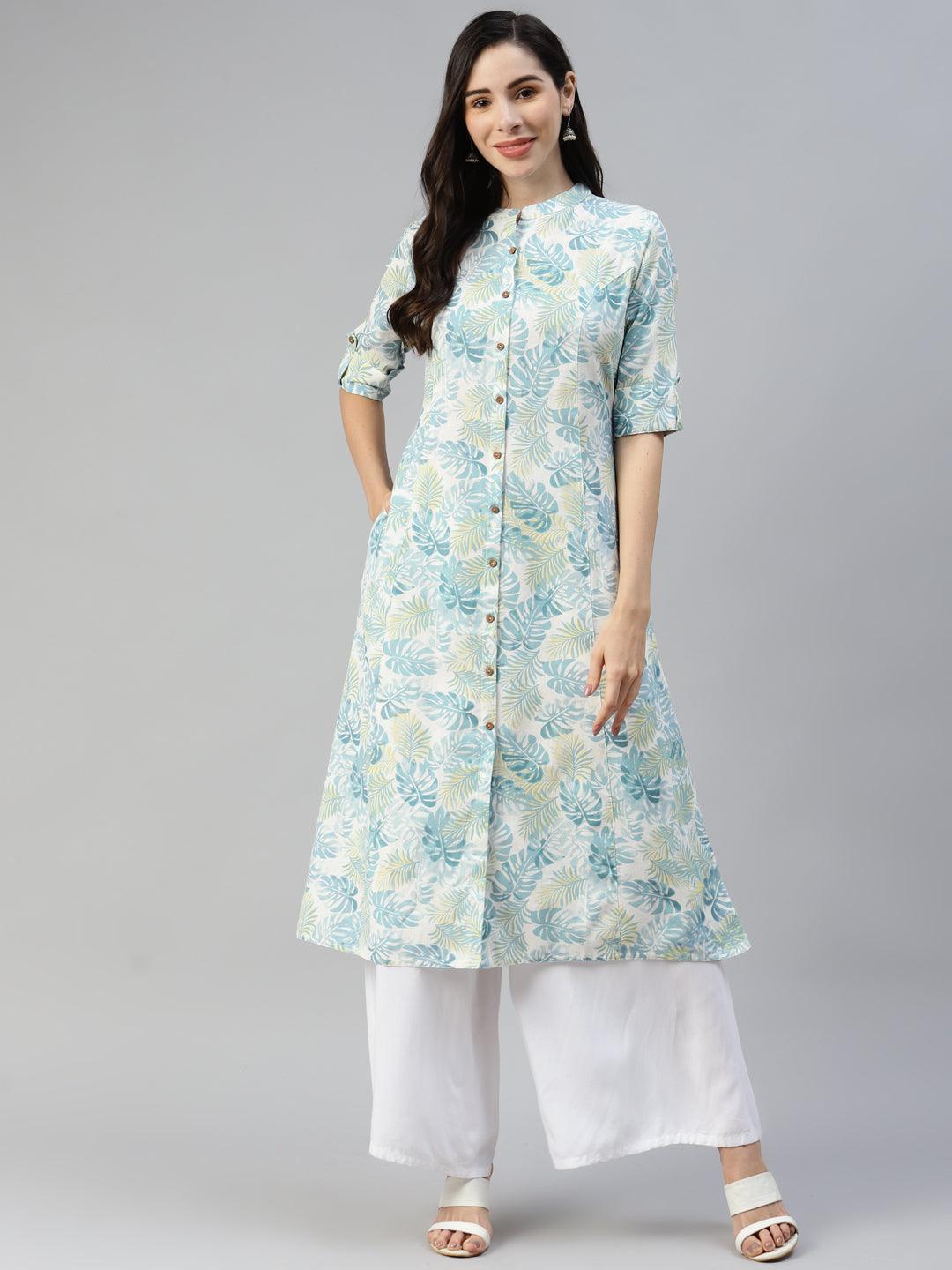 Women's White Floral Printed Cotton Flex A-line Kurta - Taantav