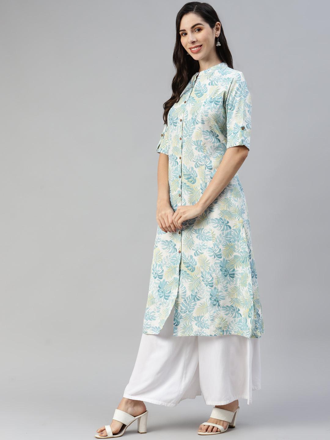 Women's White Floral Printed Cotton Flex A-line Kurta - Taantav