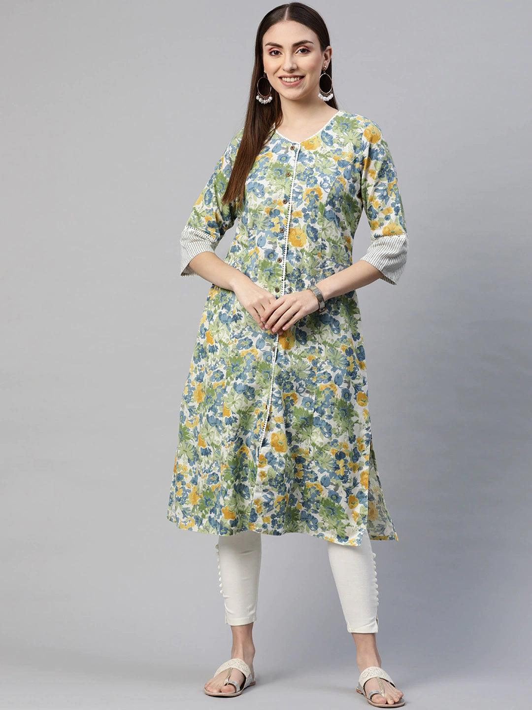 Women's Multi Color Floral Printed Cotton Flex A-line Kurta - Taantav