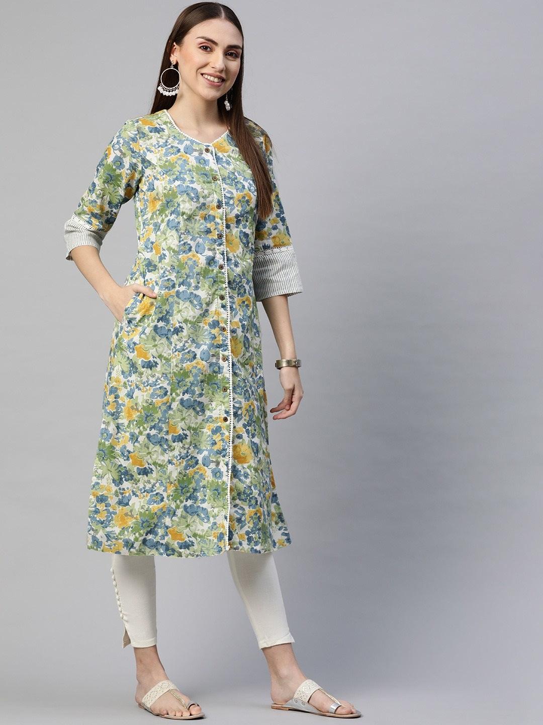 Women's Multi Color Floral Printed Cotton Flex A-line Kurta - Taantav