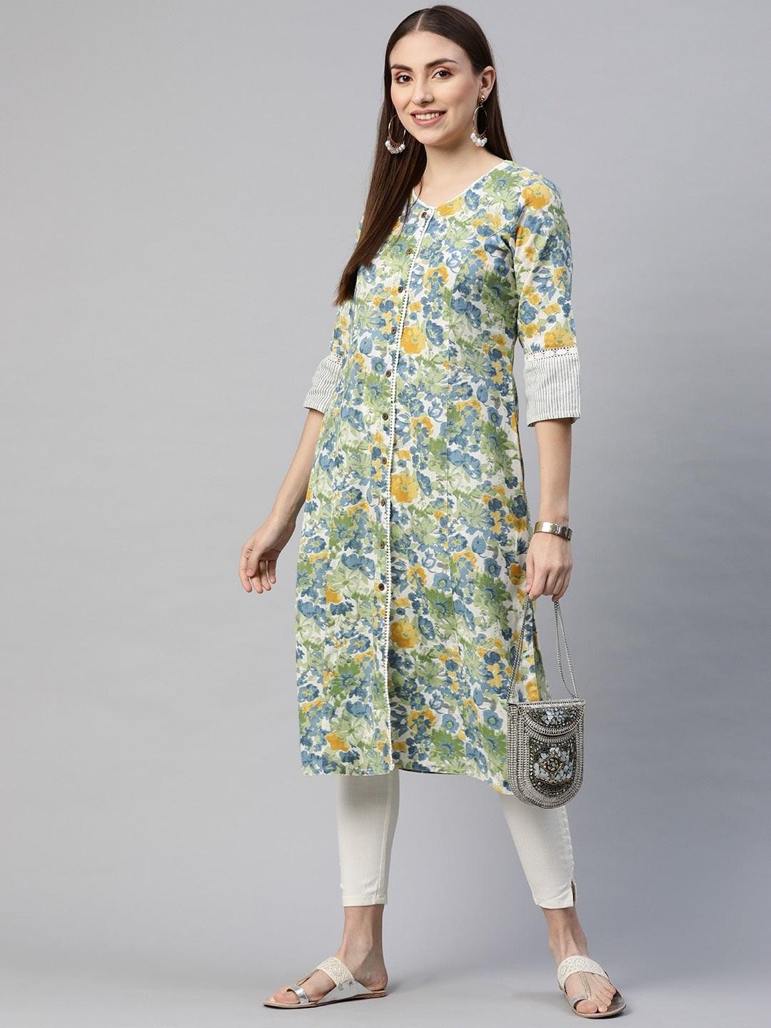 Women's Multi Color Floral Printed Cotton Flex A-line Kurta - Taantav