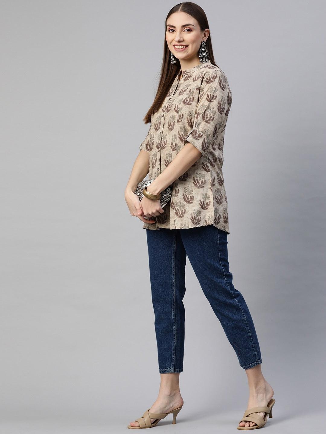 Women's Brown Floral Rayon A-Line Shirt Style Top - Taantav