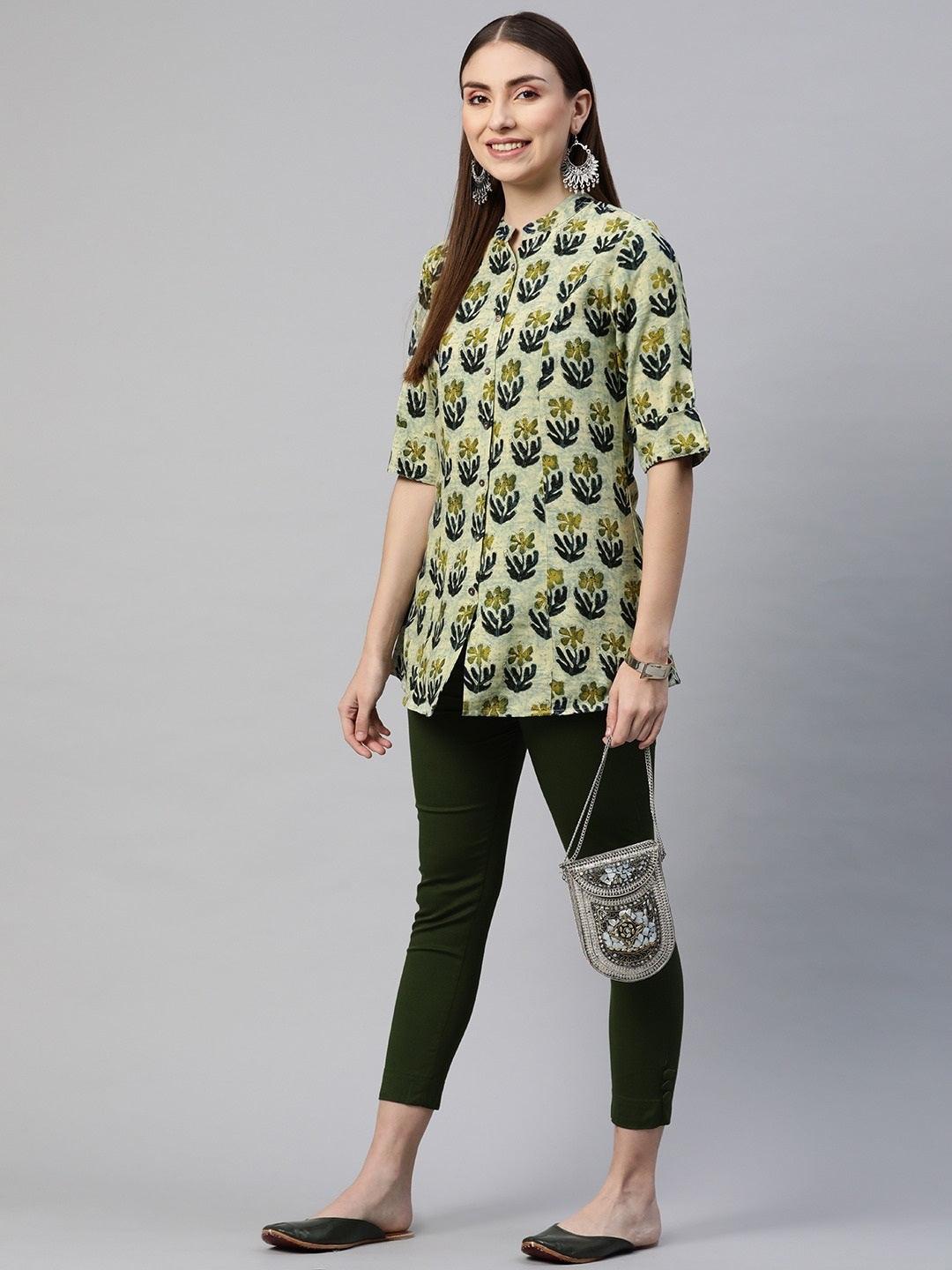 Women's Green Blue Floral Rayon A-line Shirt Style Top - Taantav