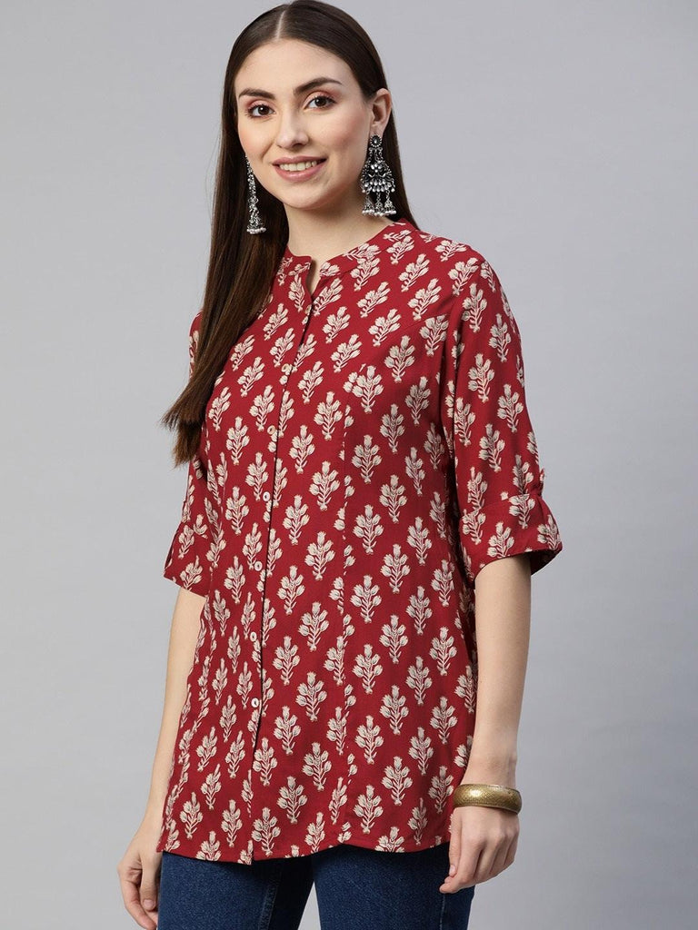 Women's Dark Maroon Floral Rayon A-line Shirts Style Top