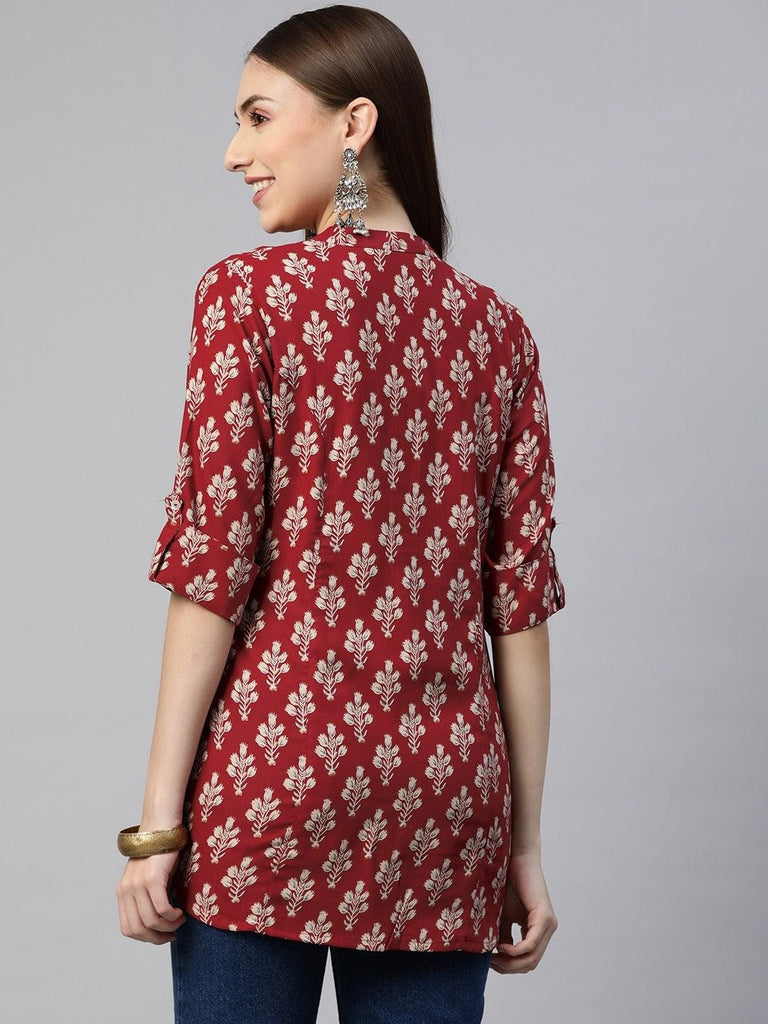 Women's Dark Maroon Floral Rayon A-line Shirts Style Top