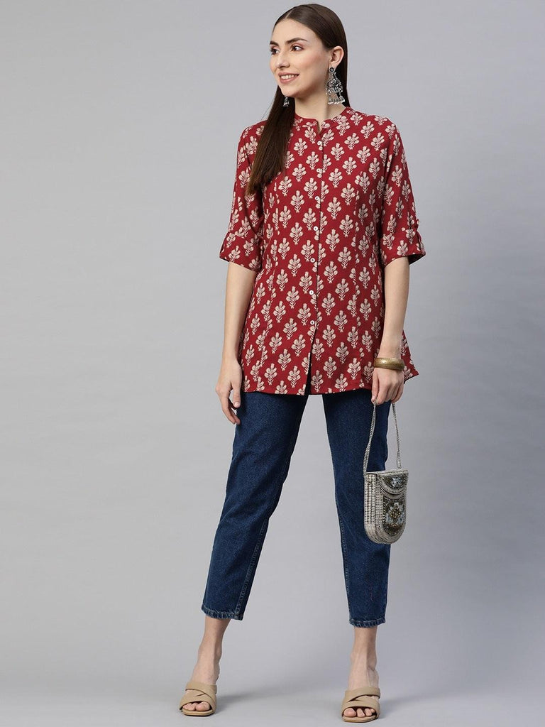 Women's Dark Maroon Floral Rayon A-line Shirts Style Top